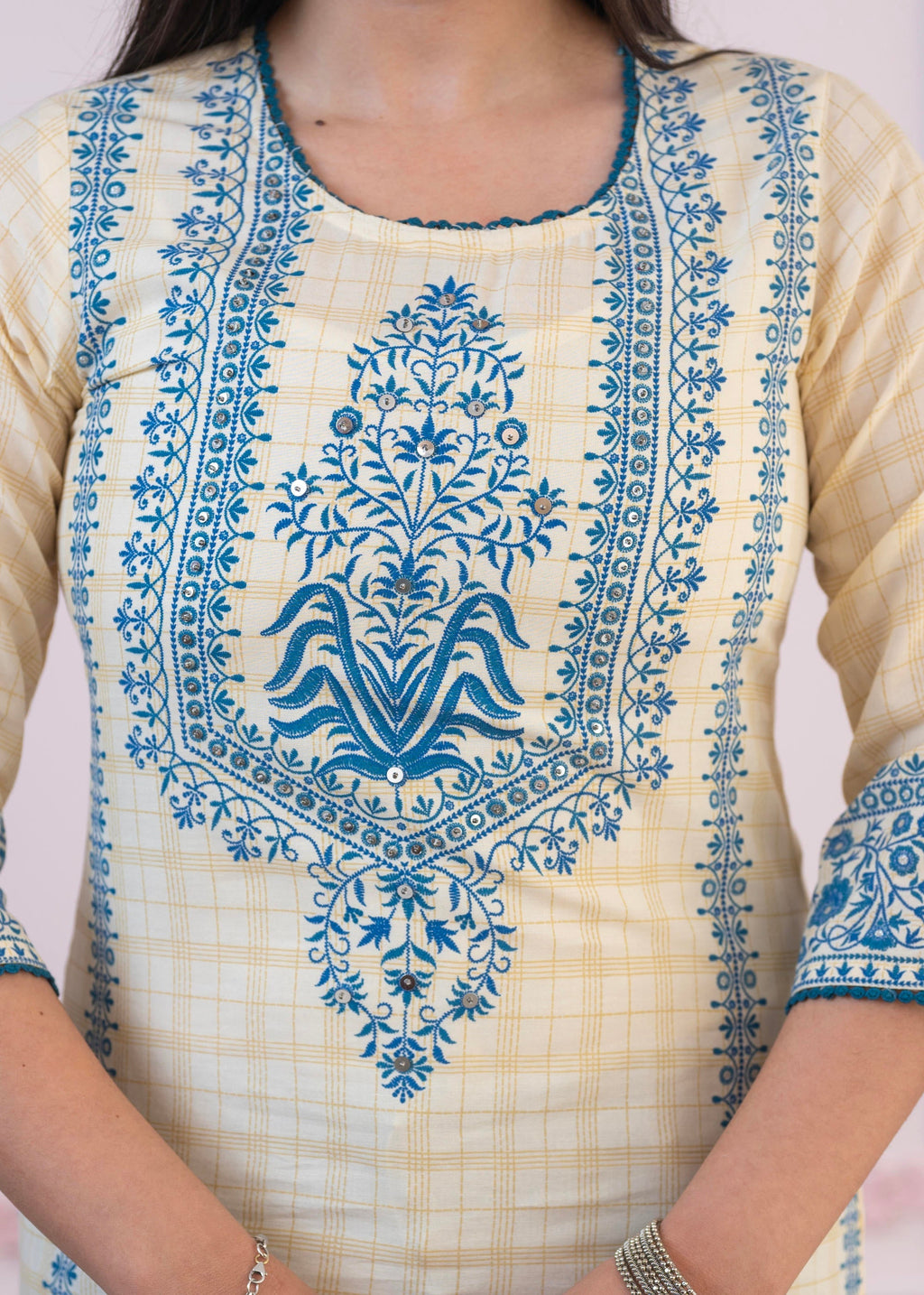 Juniper Blue Viscose Printed Kurta with Ethnic Motifs, Cotton Lace, Sequins & Bead Work