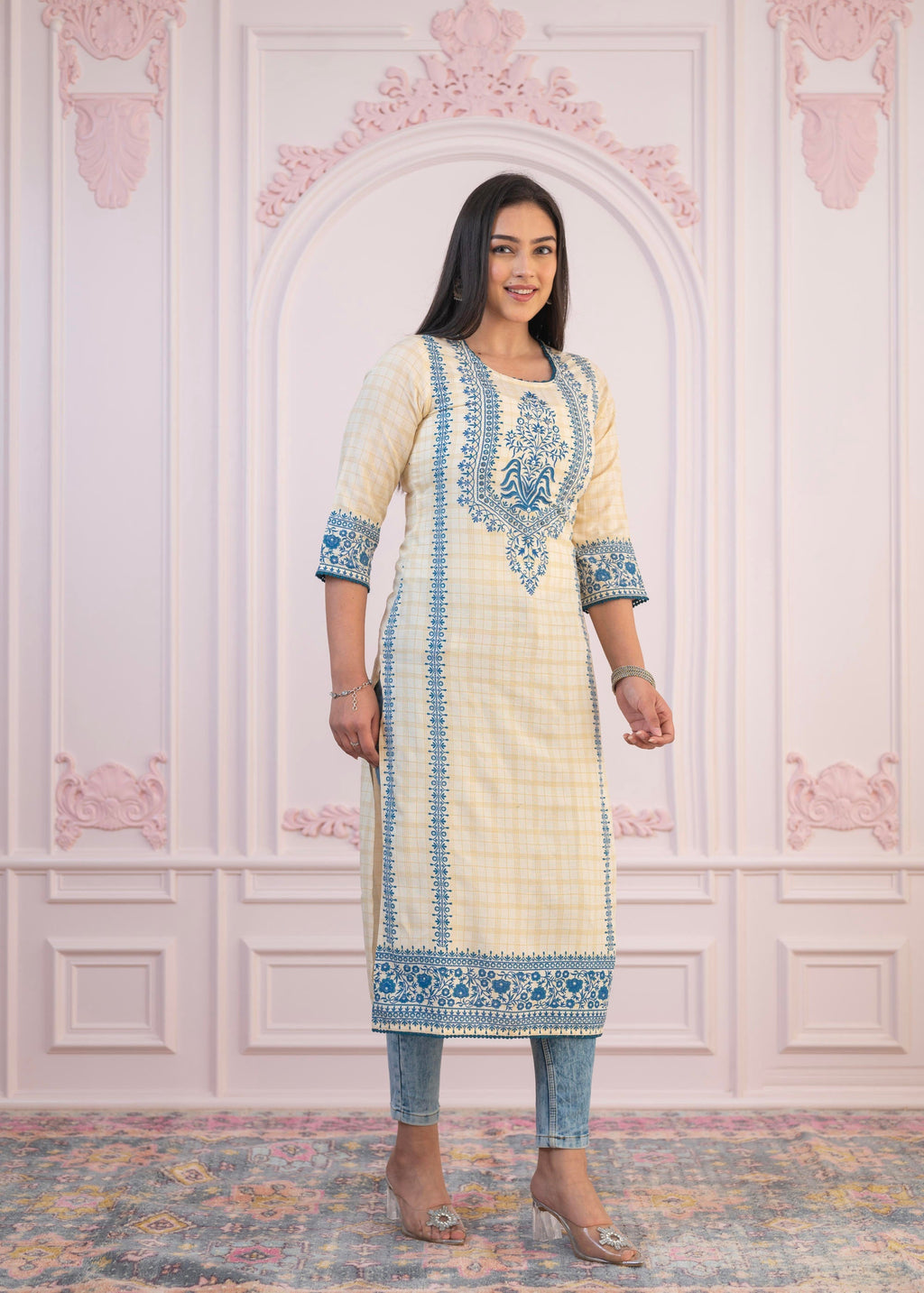 Juniper Blue Viscose Printed Kurta with Ethnic Motifs, Cotton Lace, Sequins & Bead Work