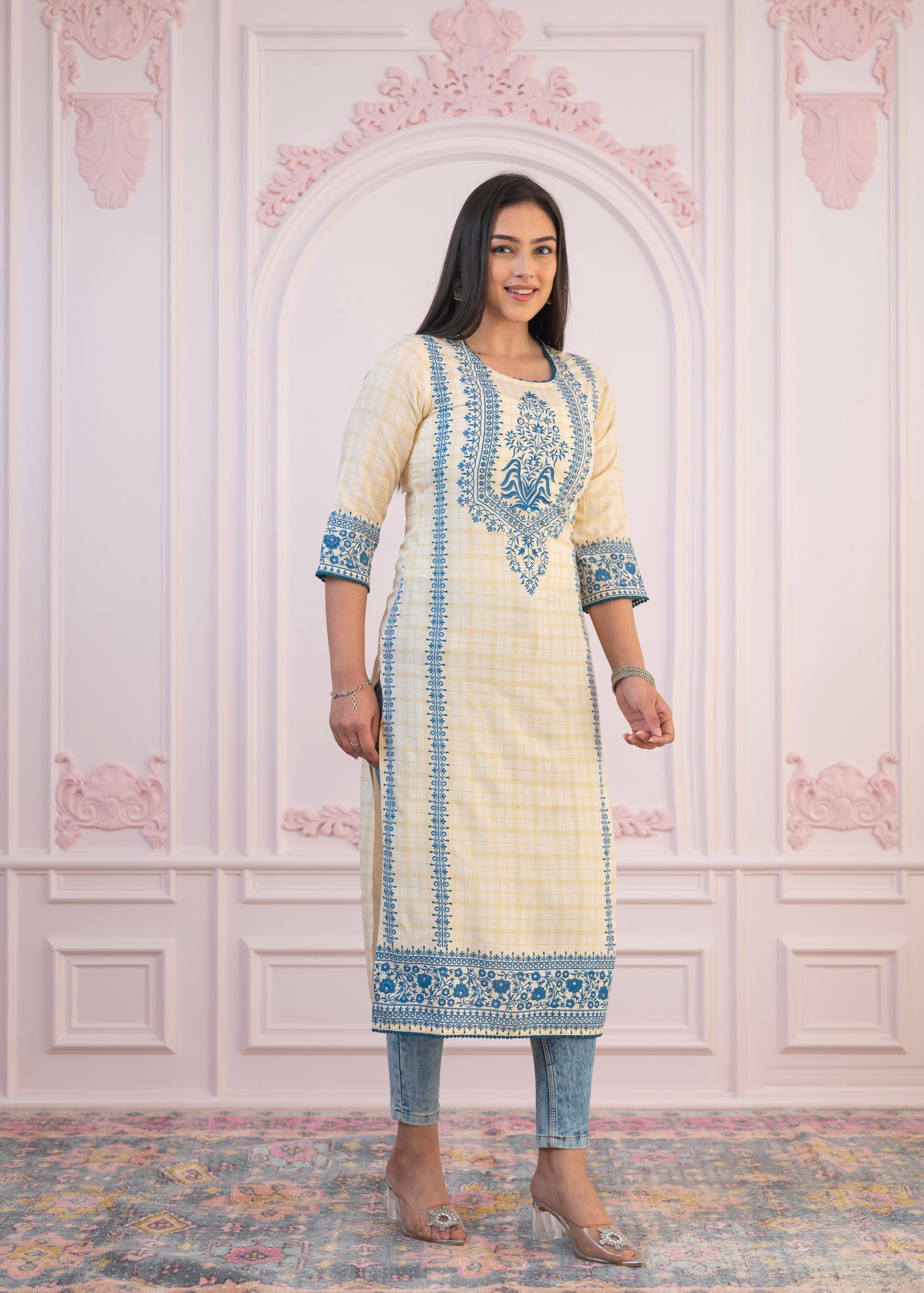 Juniper Blue Viscose Printed Kurta with Ethnic Motifs, Cotton Lace, Sequins & Bead Work