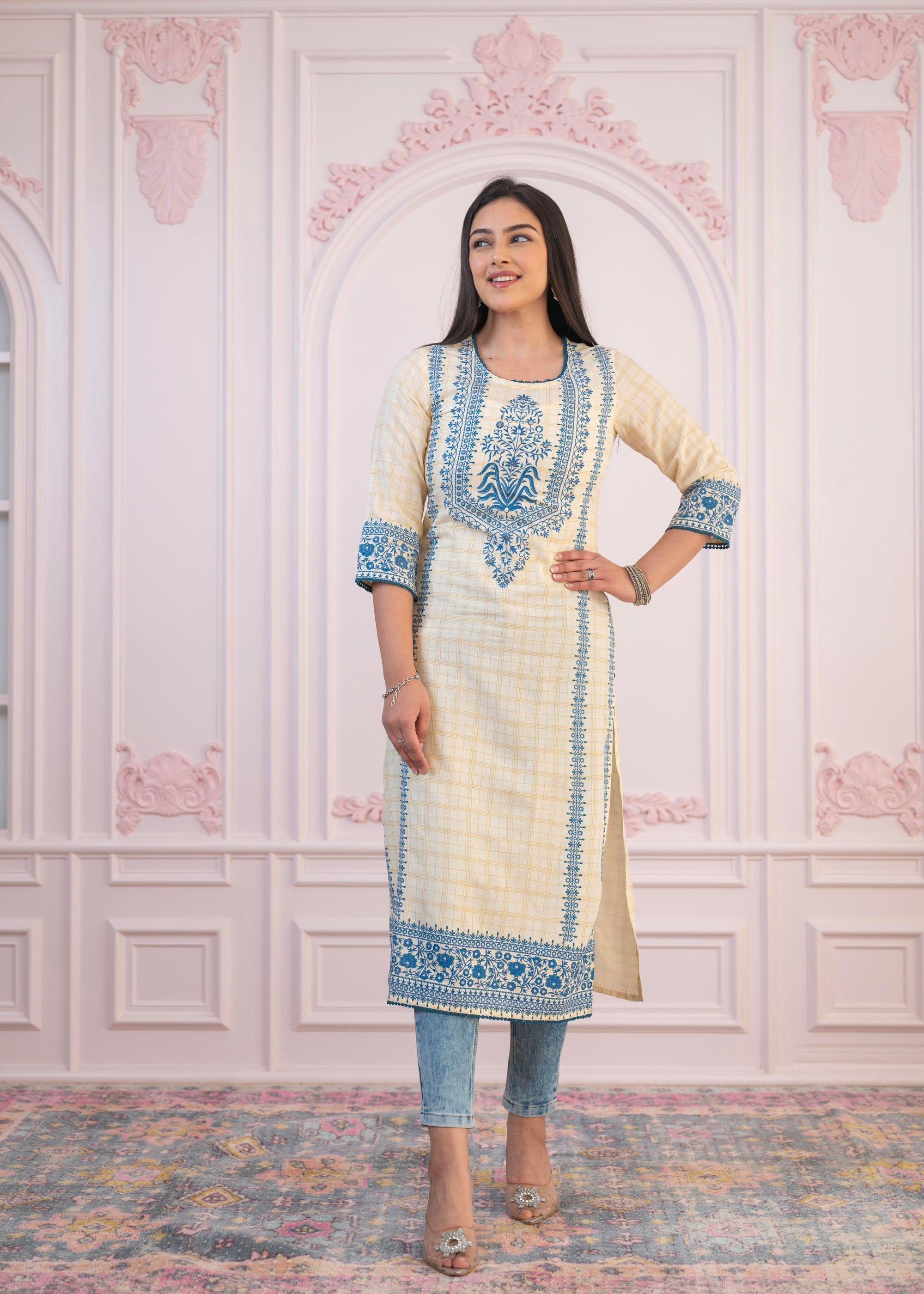 Juniper Blue Viscose Printed Kurta with Ethnic Motifs, Cotton Lace, Sequins & Bead Work