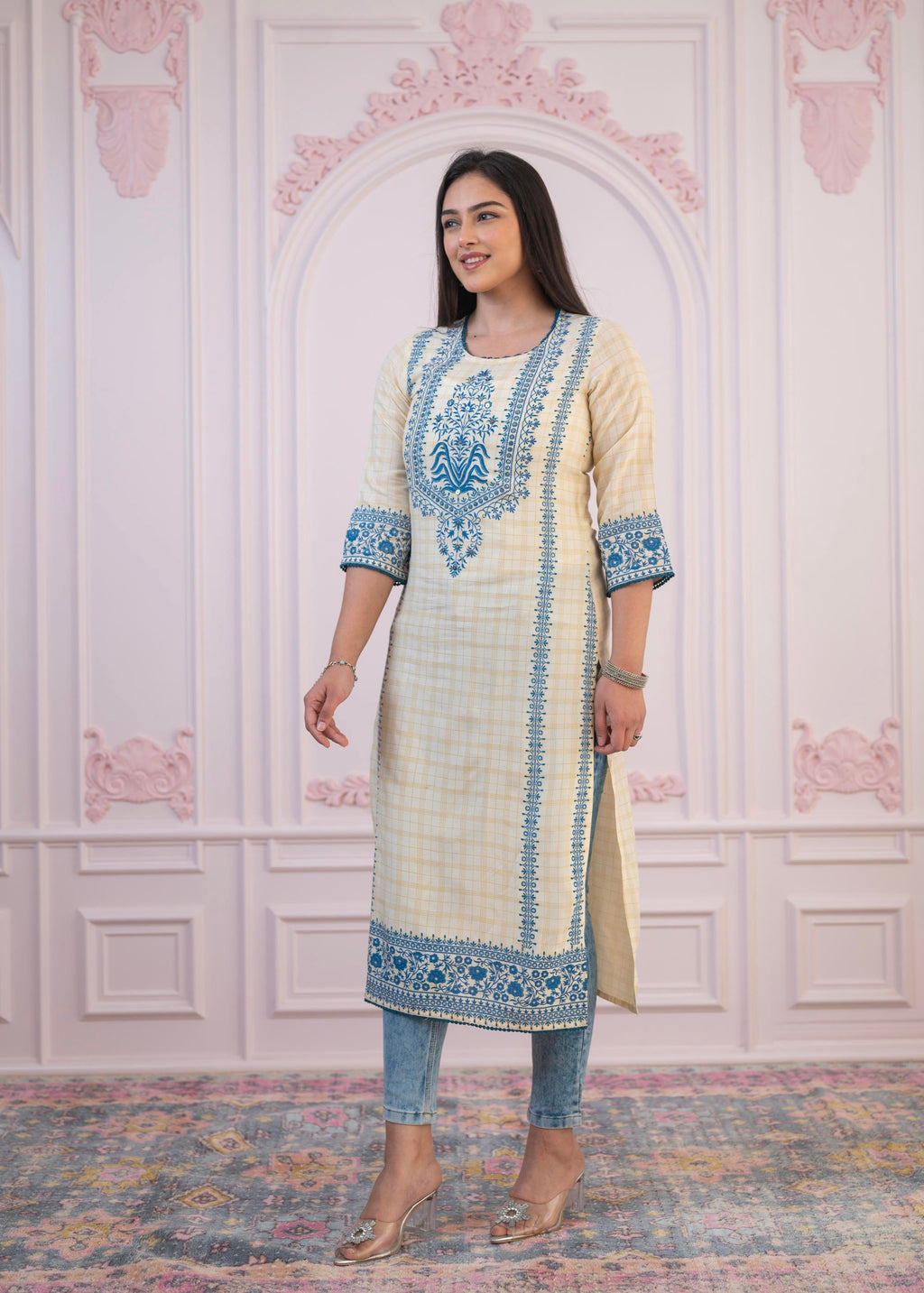 Juniper Blue Viscose Printed Kurta with Ethnic Motifs, Cotton Lace, Sequins & Bead Work