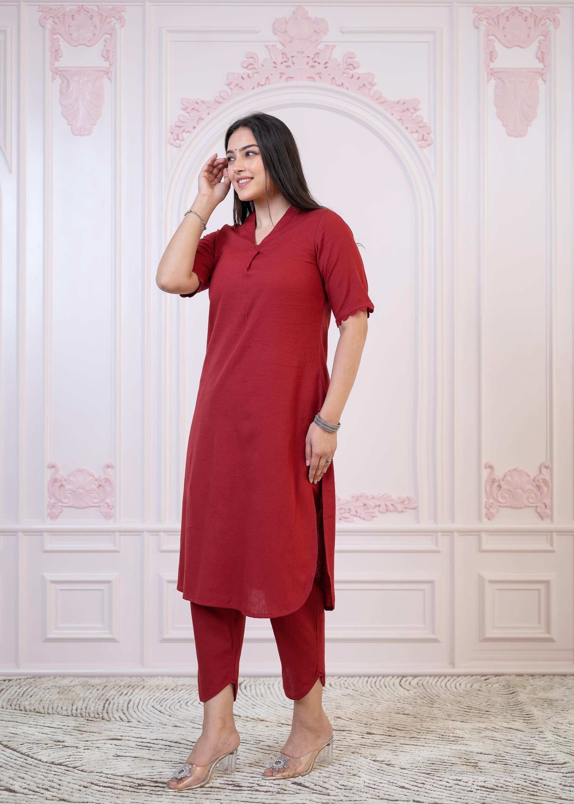 Juniper Maroon Cotton Linen Pleated Kurta-Pant Set with Cotton Lace
