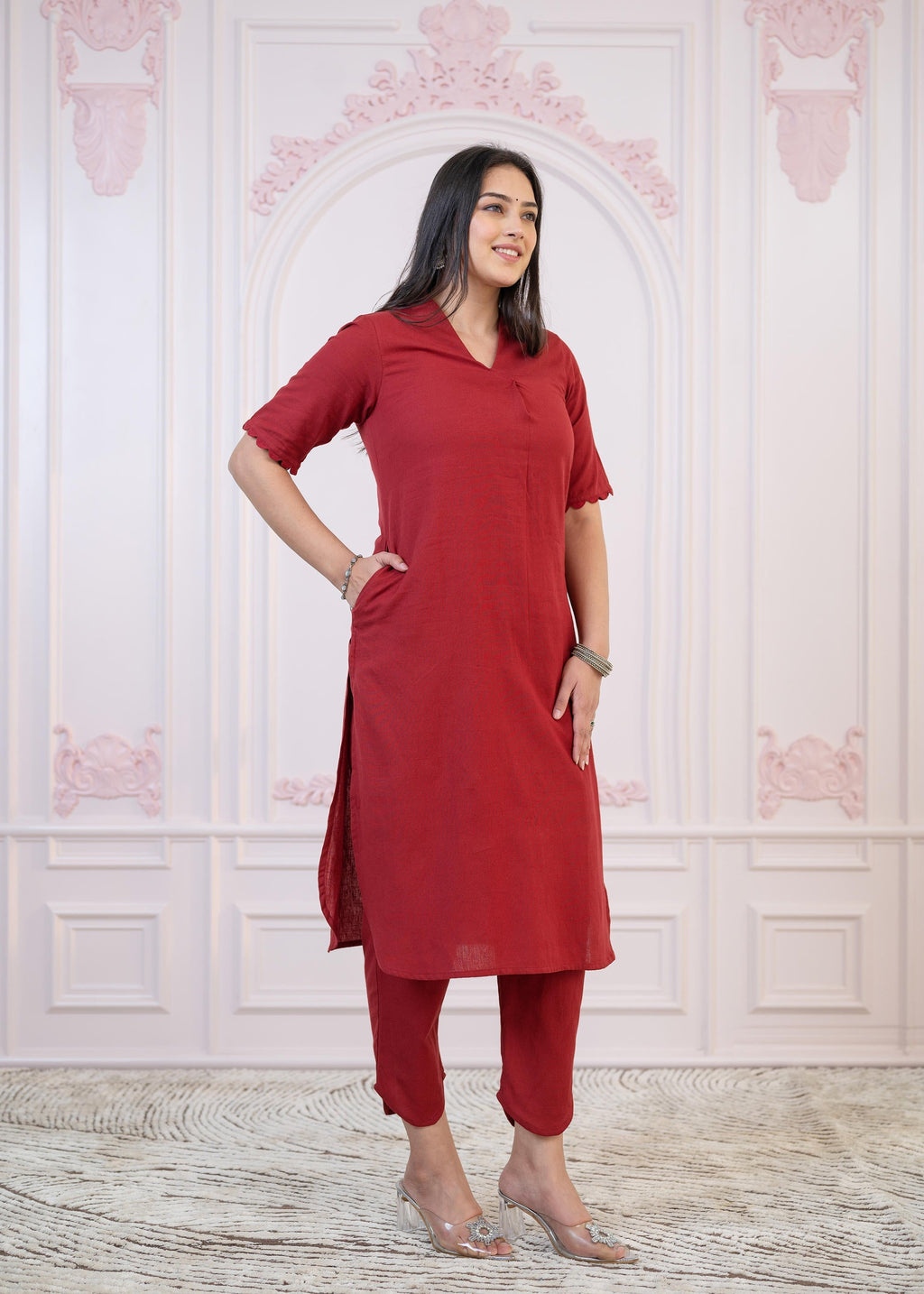 Juniper Maroon Cotton Linen Pleated Kurta-Pant Set with Cotton Lace