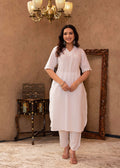 Juniper White Cotton Linen Pleated Kurta-Pant Set with Cotton Lace Detailing