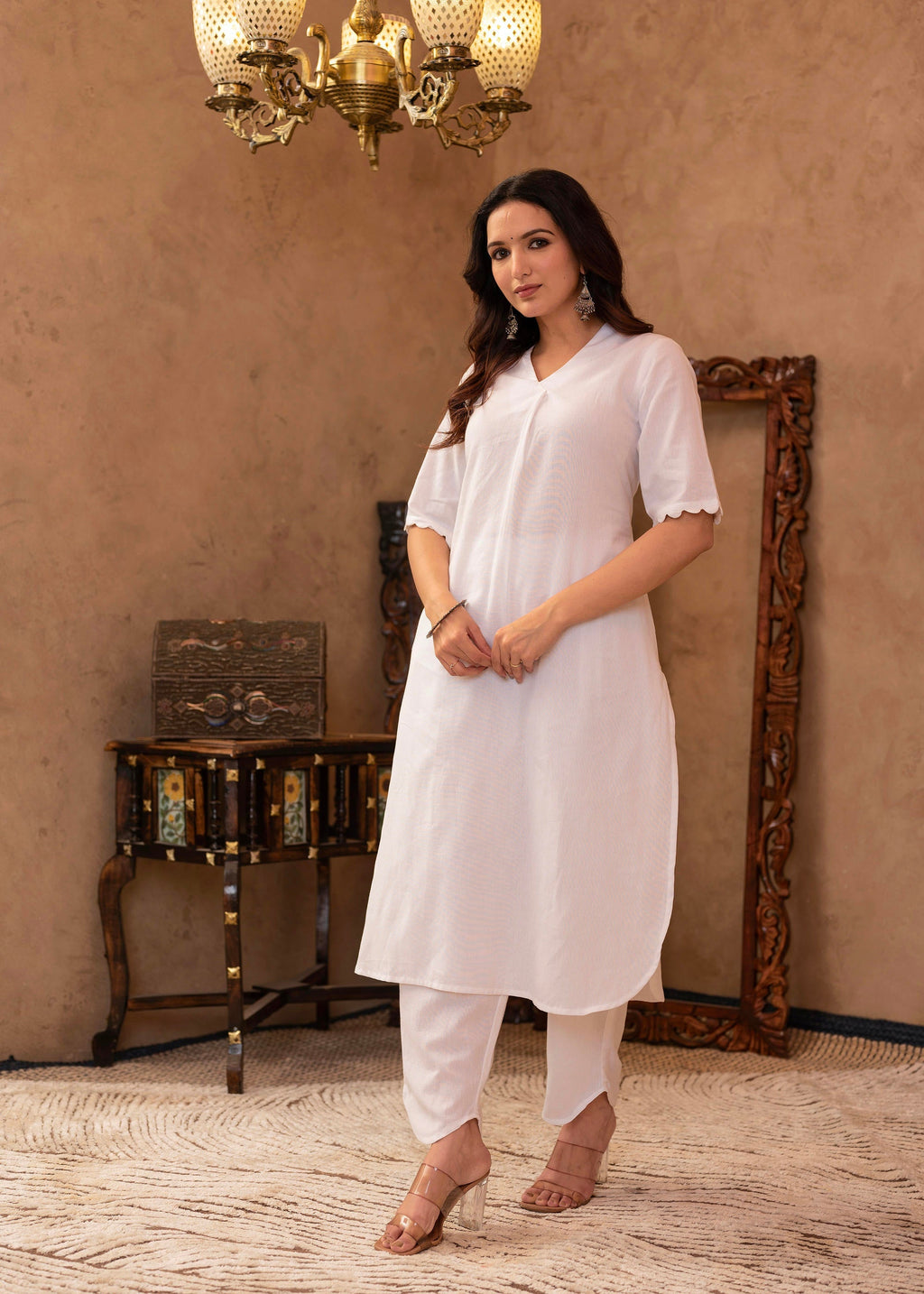 Juniper White Cotton Linen Pleated Kurta-Pant Set with Cotton Lace Detailing