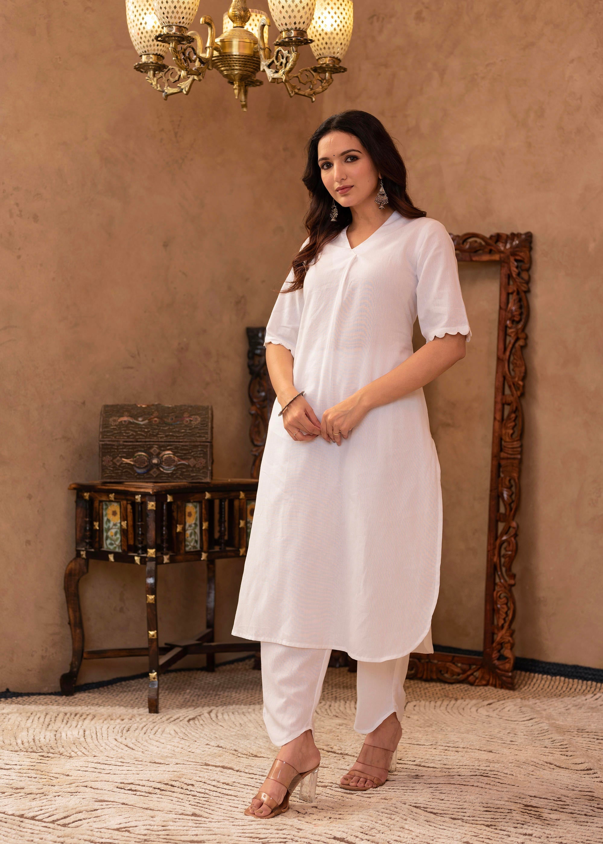 Juniper White Cotton Linen Pleated Kurta-Pant Set with Cotton Lace Detailing
