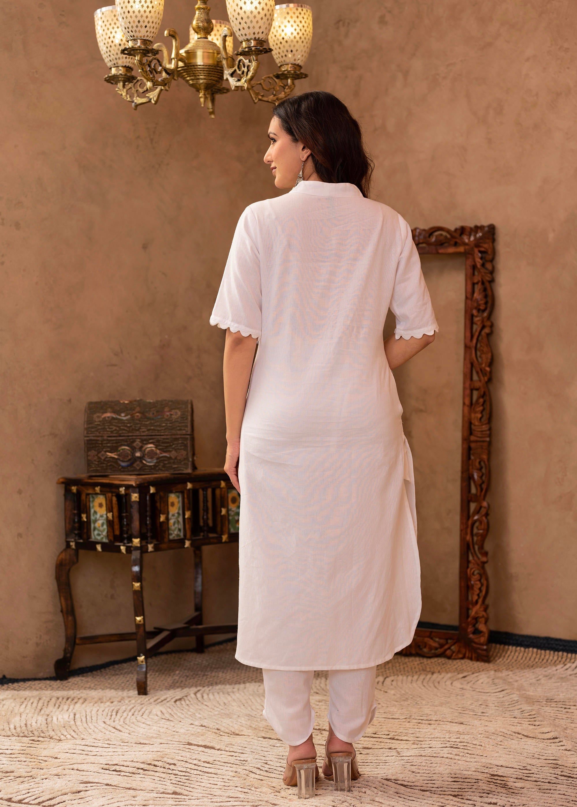 Juniper White Cotton Linen Pleated Kurta-Pant Set with Cotton Lace Detailing