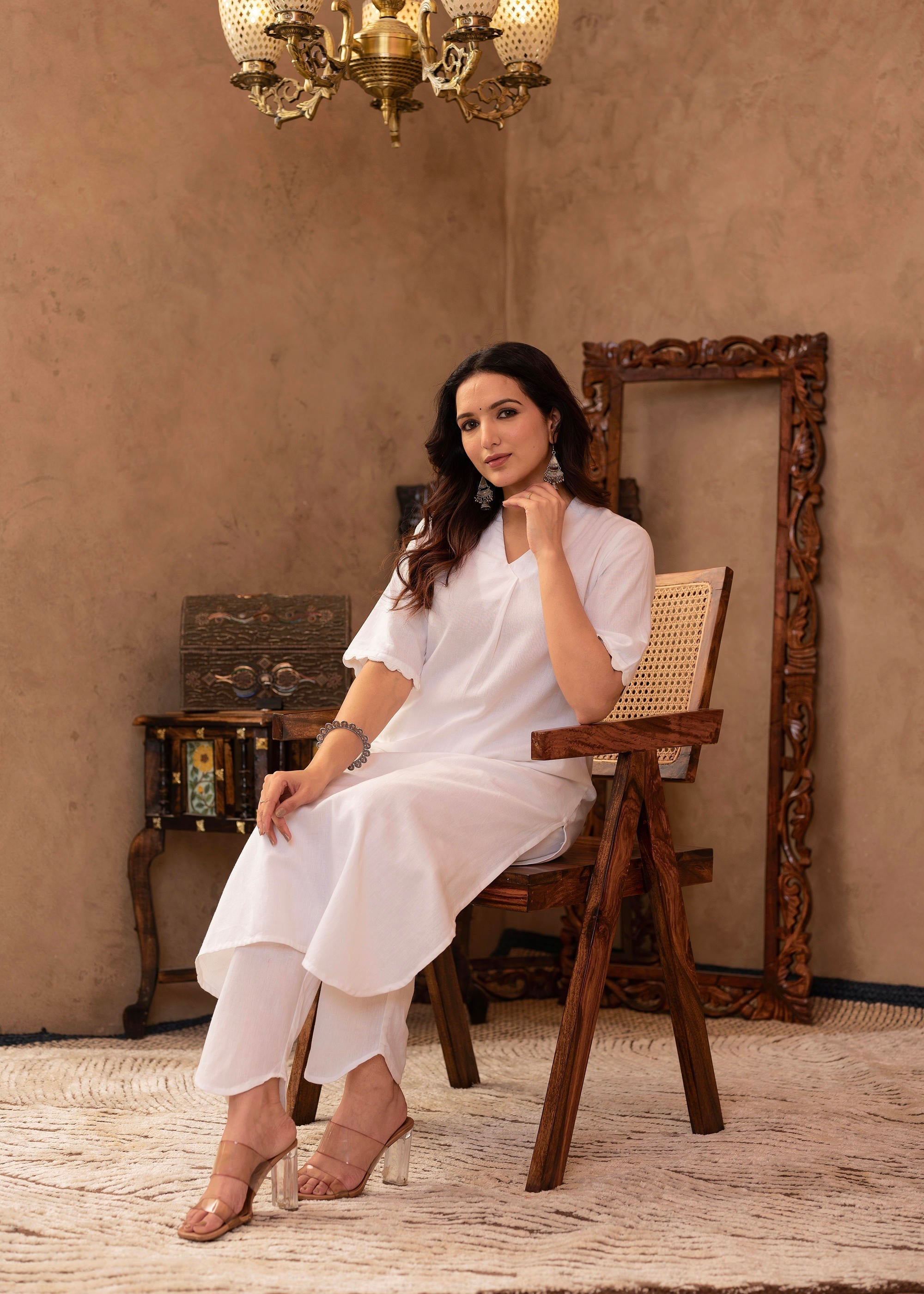 Juniper White Cotton Linen Pleated Kurta-Pant Set with Cotton Lace Detailing