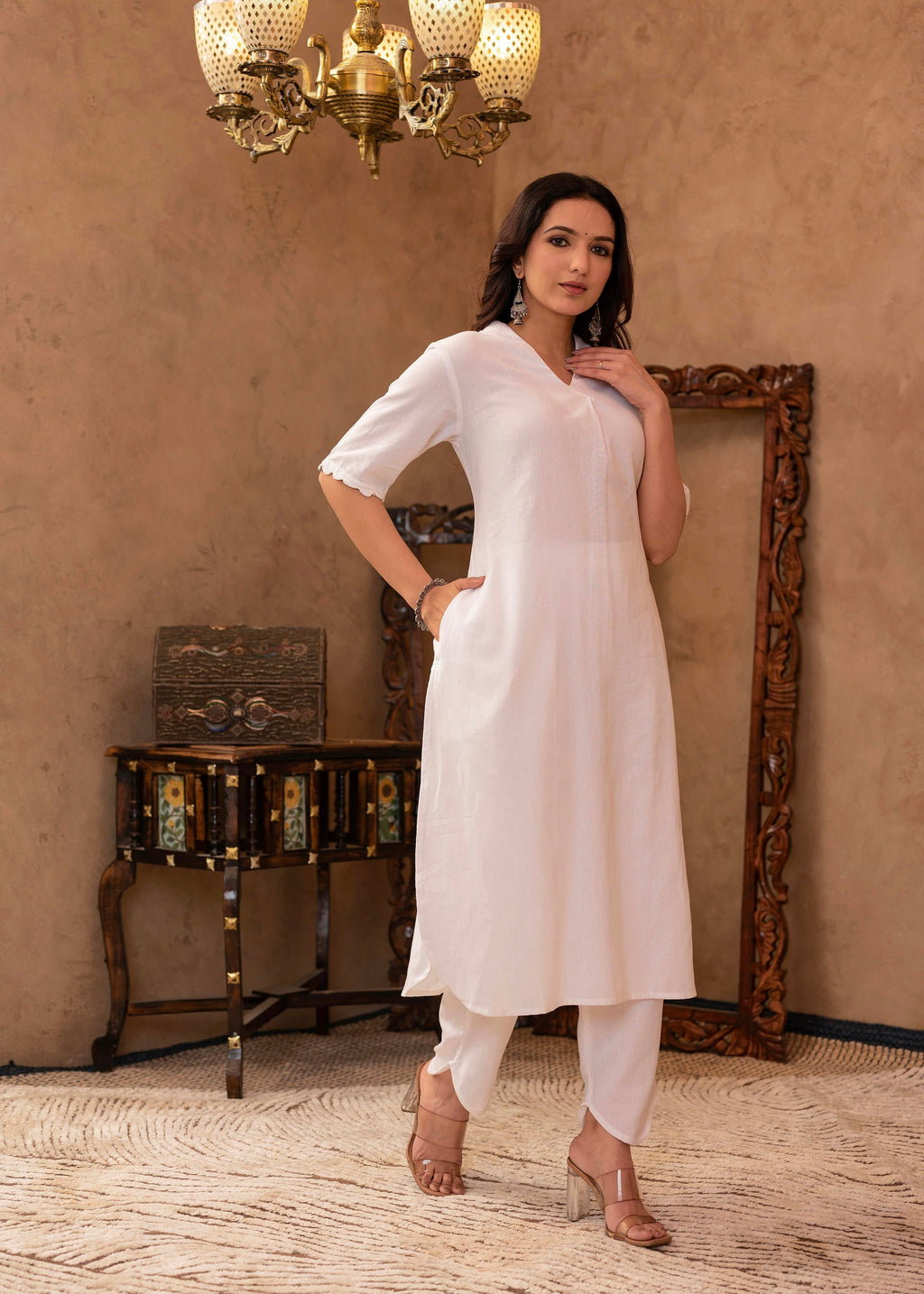 Juniper White Cotton Linen Pleated Kurta-Pant Set with Cotton Lace Detailing