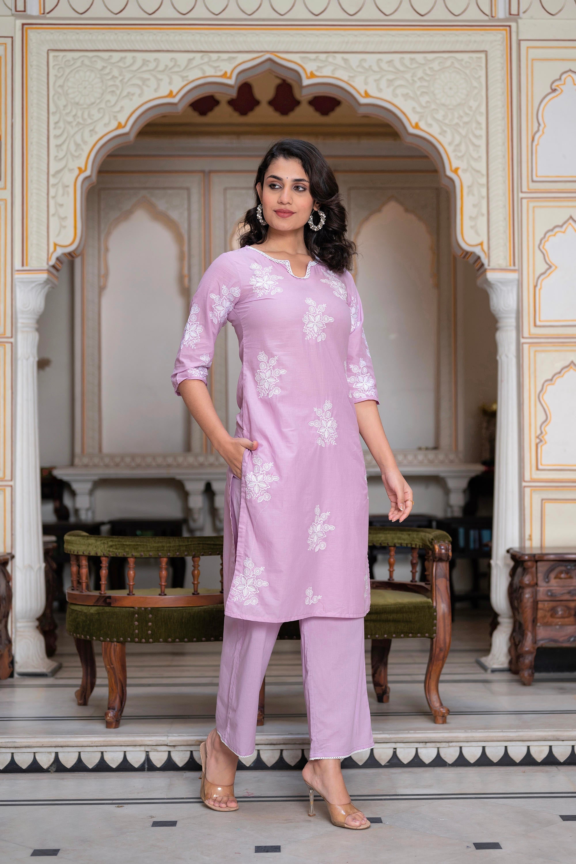 Juniper Lavender Floral Embroidered Cotton Slub Kurta With Palazzo & Hook Closure
