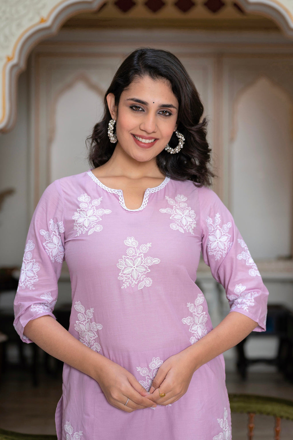 Juniper Lavender Floral Embroidered Cotton Slub Kurta With Palazzo & Hook Closure