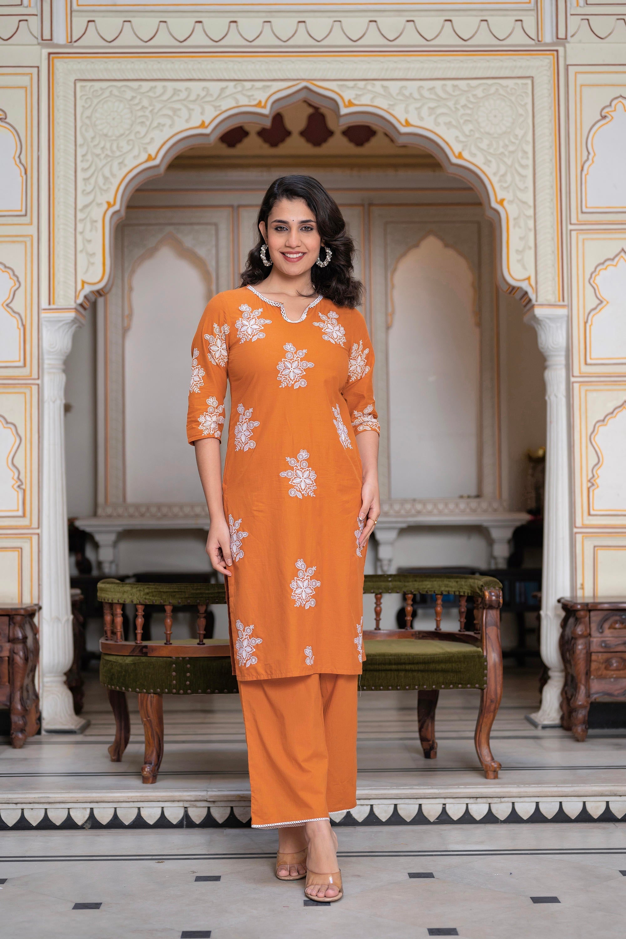 Juniper Rust Embroidered Cotton Slub Kurta-Palazzo Set With Thread Work & Cotton Lace