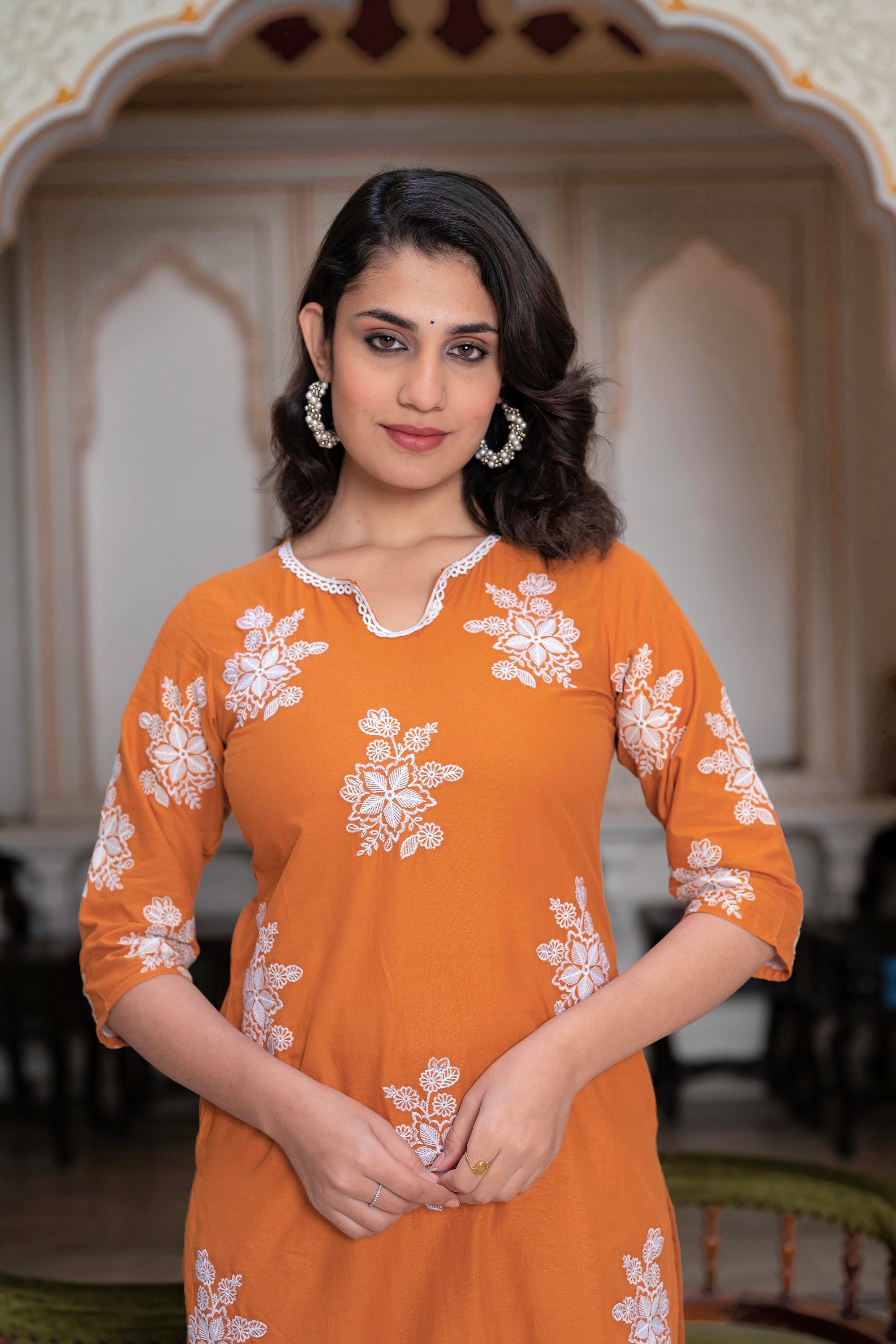 Juniper Rust Embroidered Cotton Slub Kurta-Palazzo Set with Thread Work & Cotton Lace