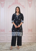 Juniper Black Floral Embroidered Cotton Slub Kurta with Palazzo & Lace