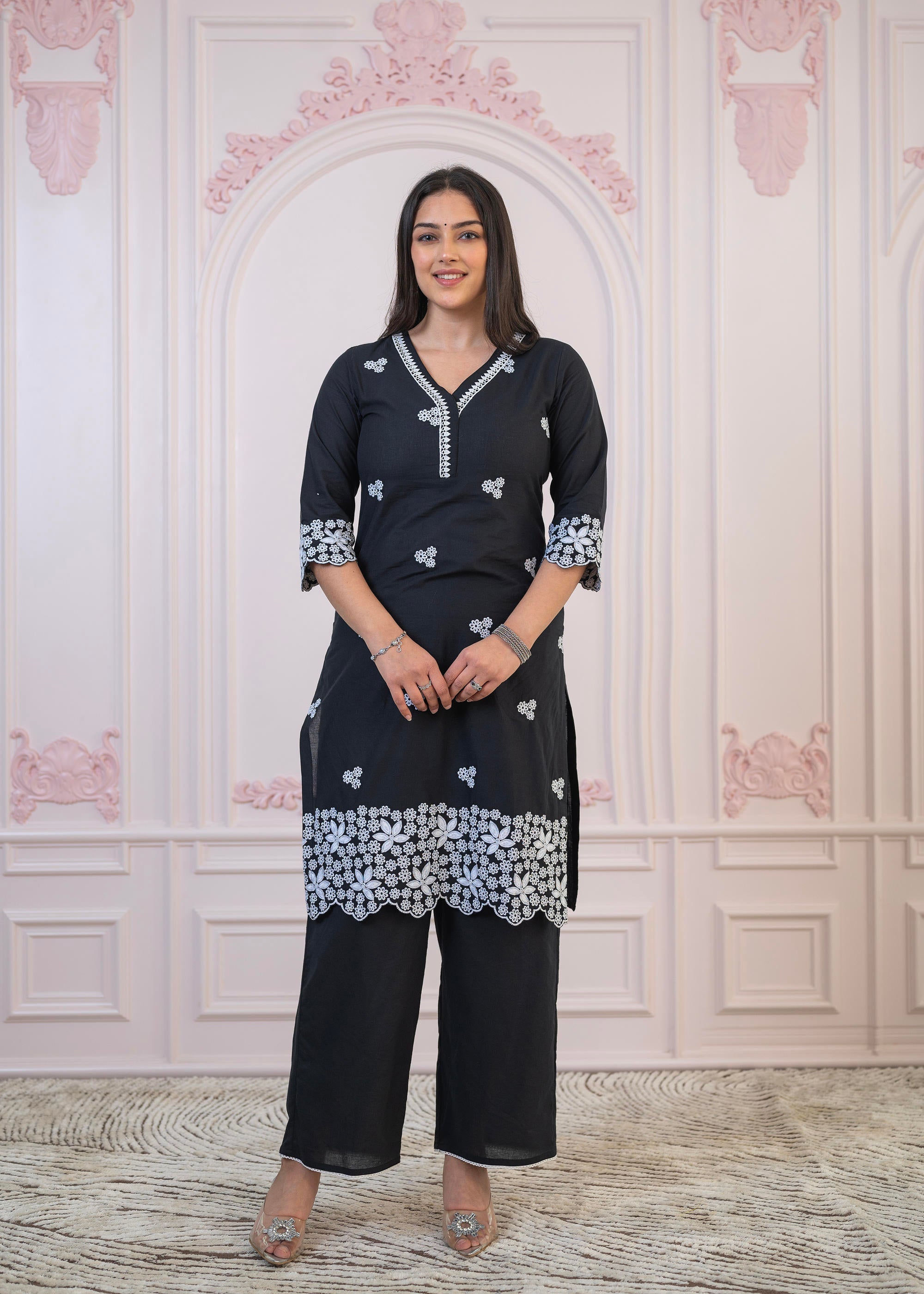 Juniper Black Floral Embroidered Cotton Slub Kurta With Palazzo & Lace