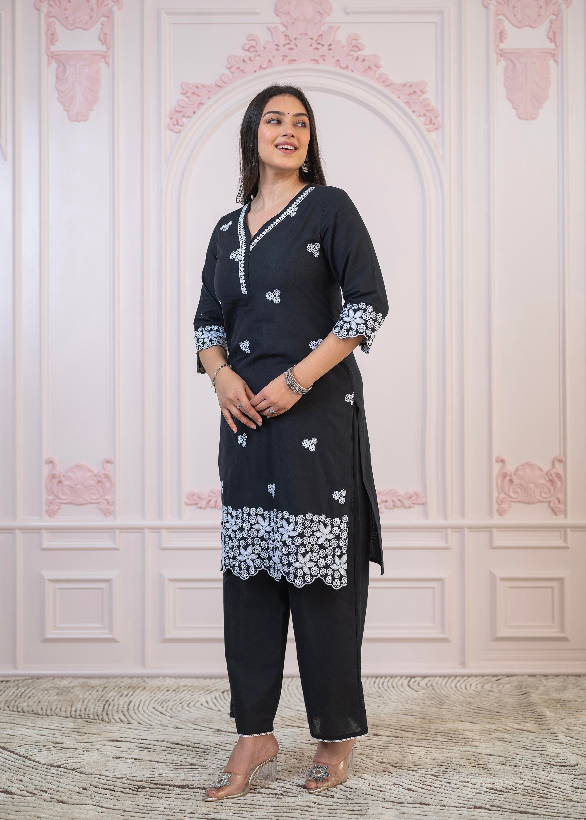Juniper Black Floral Embroidered Cotton Slub Kurta With Palazzo & Lace