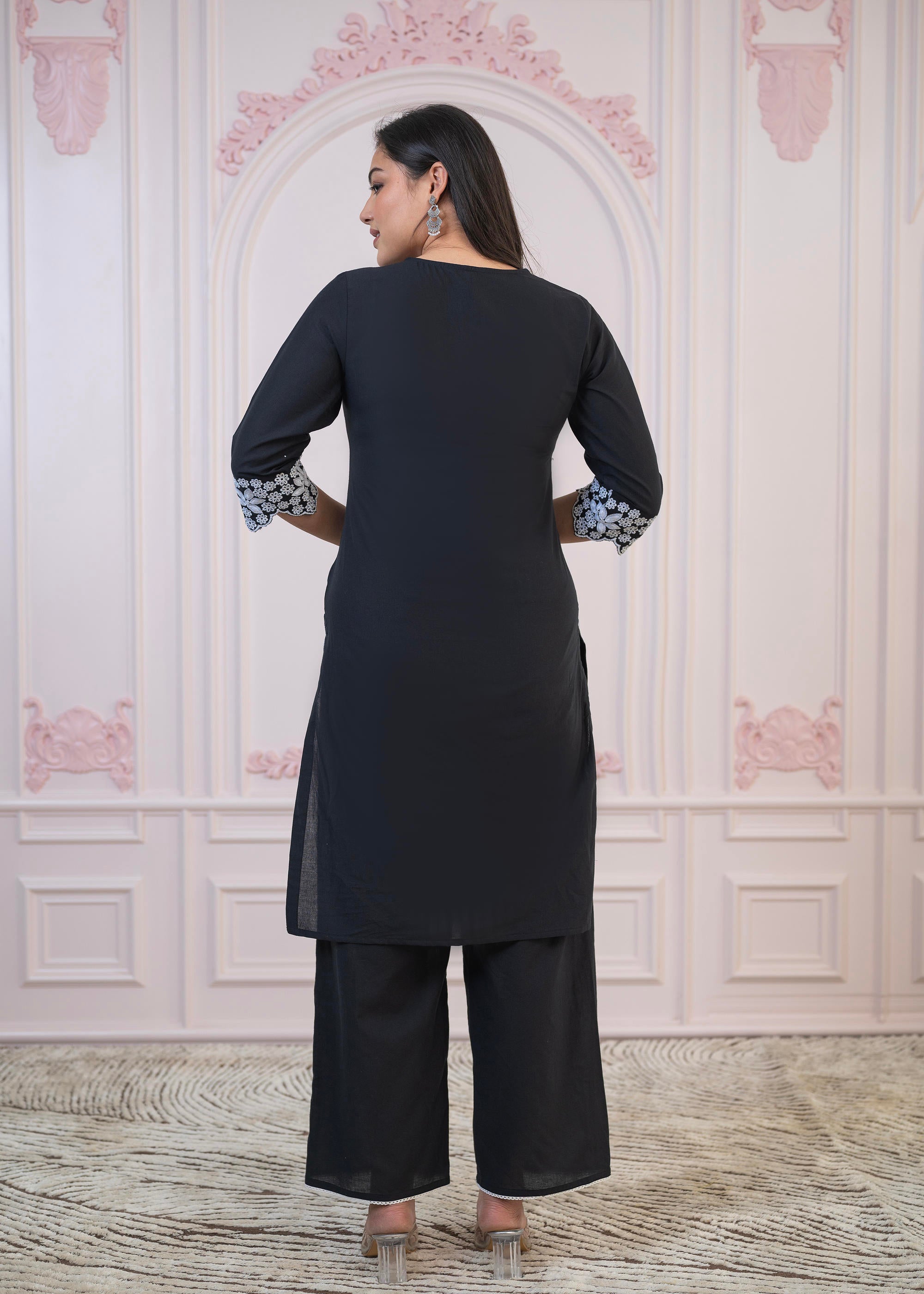 Juniper Black Floral Embroidered Cotton Slub Kurta With Palazzo & Lace