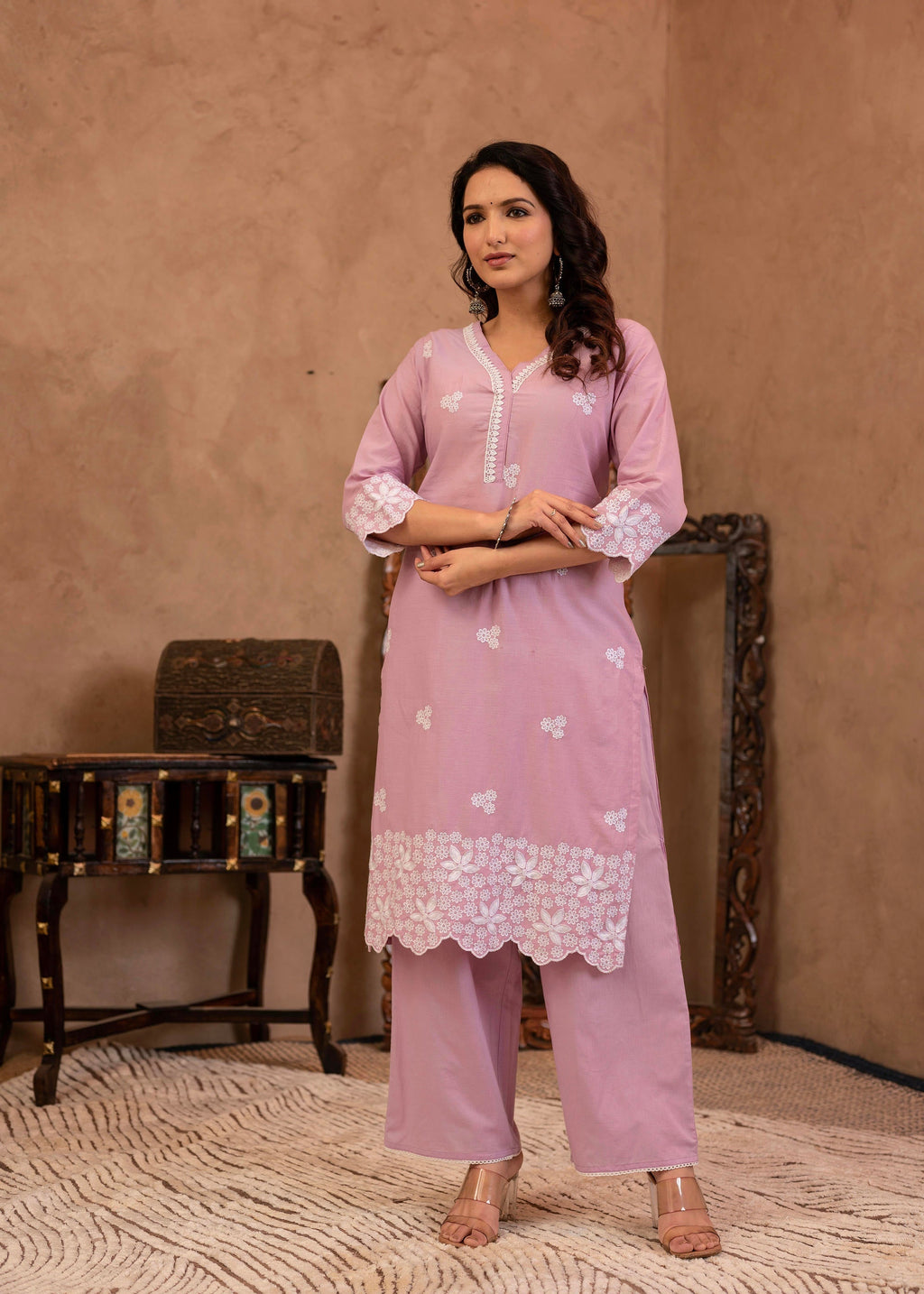 Juniper Lavender Floral Embroidered Cotton Kurta With Palazzo & Lace Work