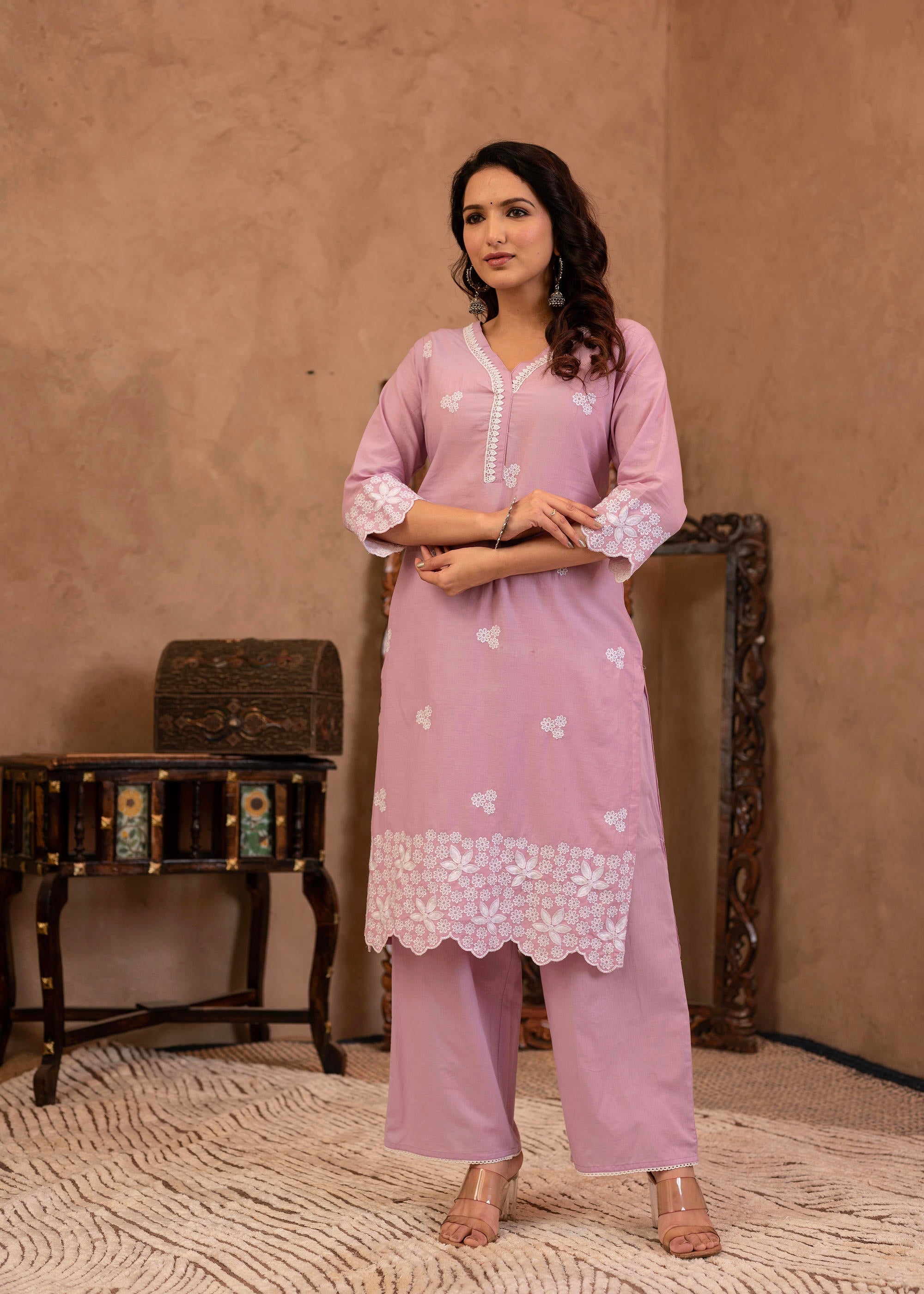 Juniper Lavender Floral Embroidered Cotton Kurta With Palazzo & Lace Work