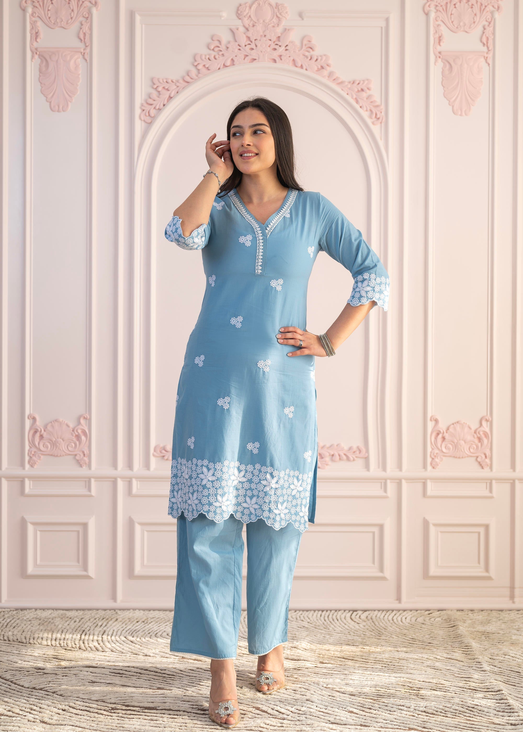 Juniper Powder Blue Embroidered Cotton Kurta with Palazzo & Lace Work