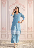 Juniper Powder Blue Embroidered Cotton Kurta With Palazzo & Lace Work