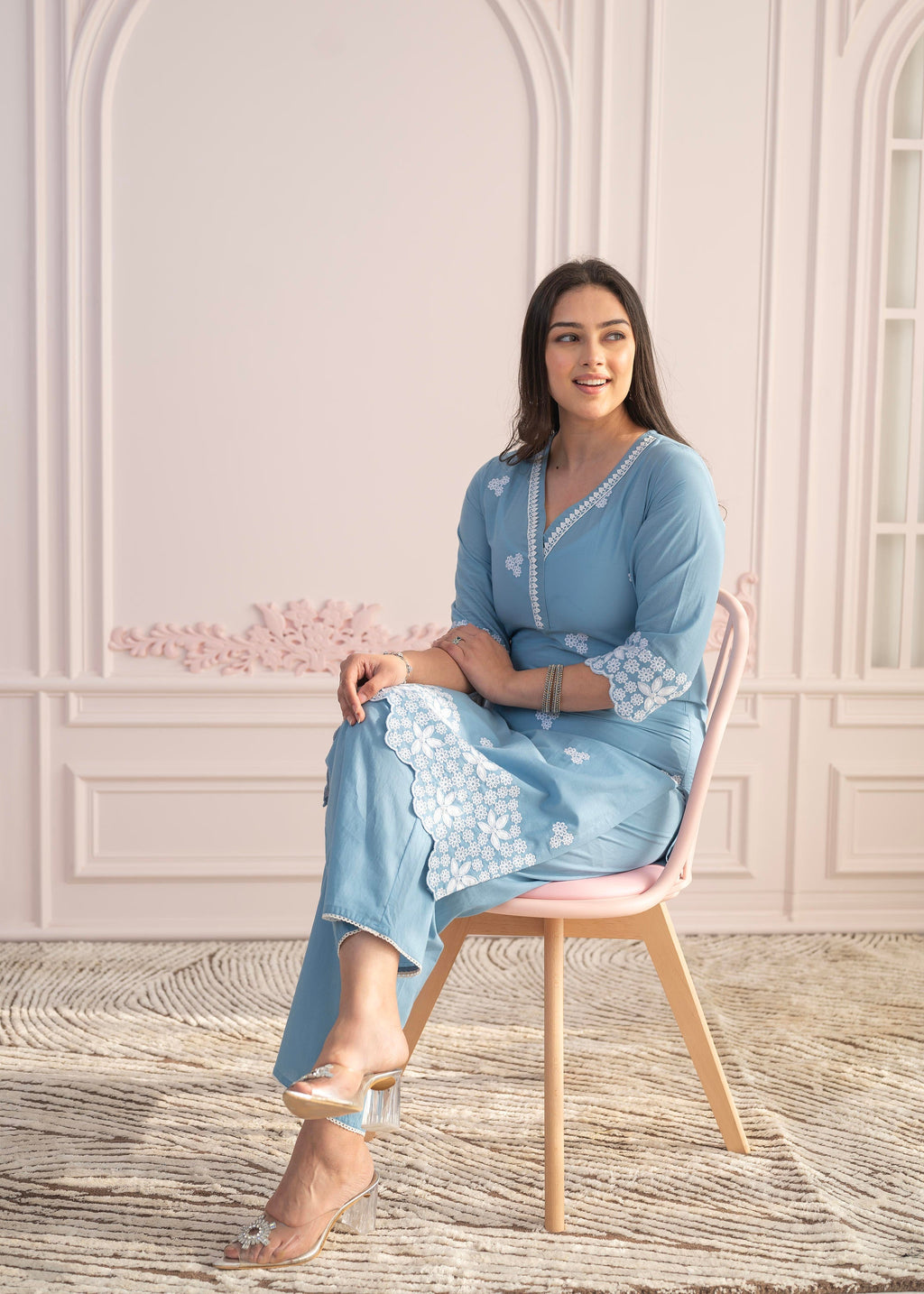 Juniper Powder Blue Embroidered Cotton Kurta With Palazzo & Lace Work