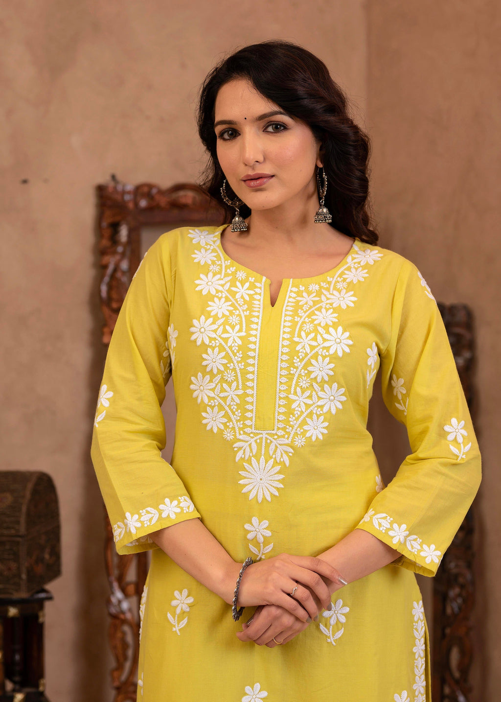 Juniper Lime Yellow Floral Embroidered Cotton Slub Kurta With Palazzo