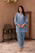 Juniper Blue Embroidered Cotton Slub Kurta with Pant & Button Details