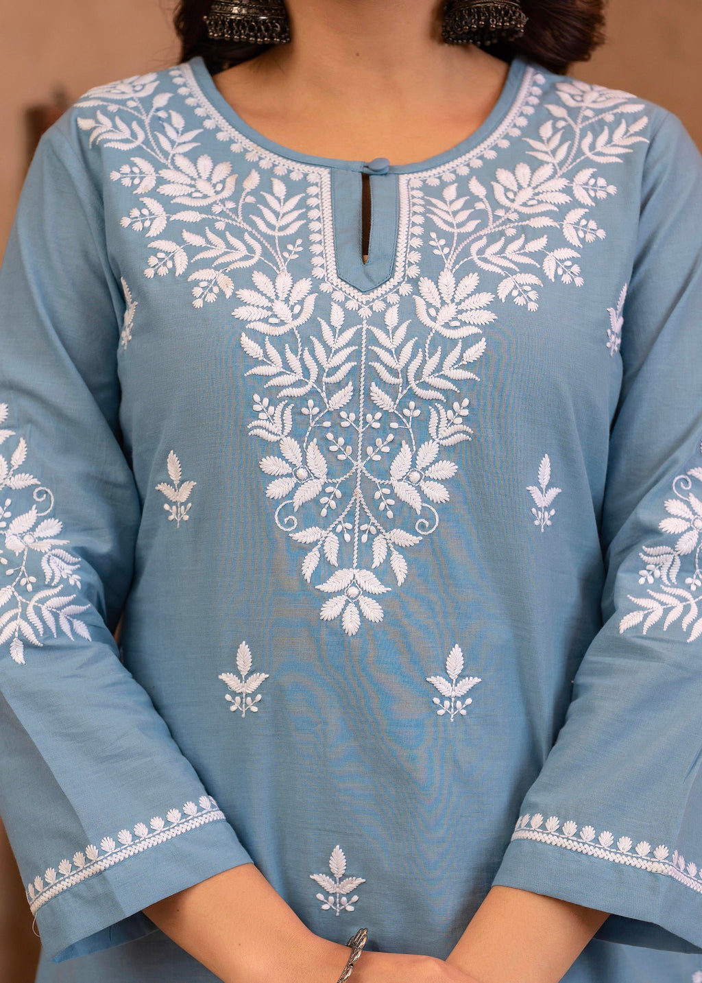 Juniper Blue Embroidered Cotton Slub Kurta with Pant & Button Details
