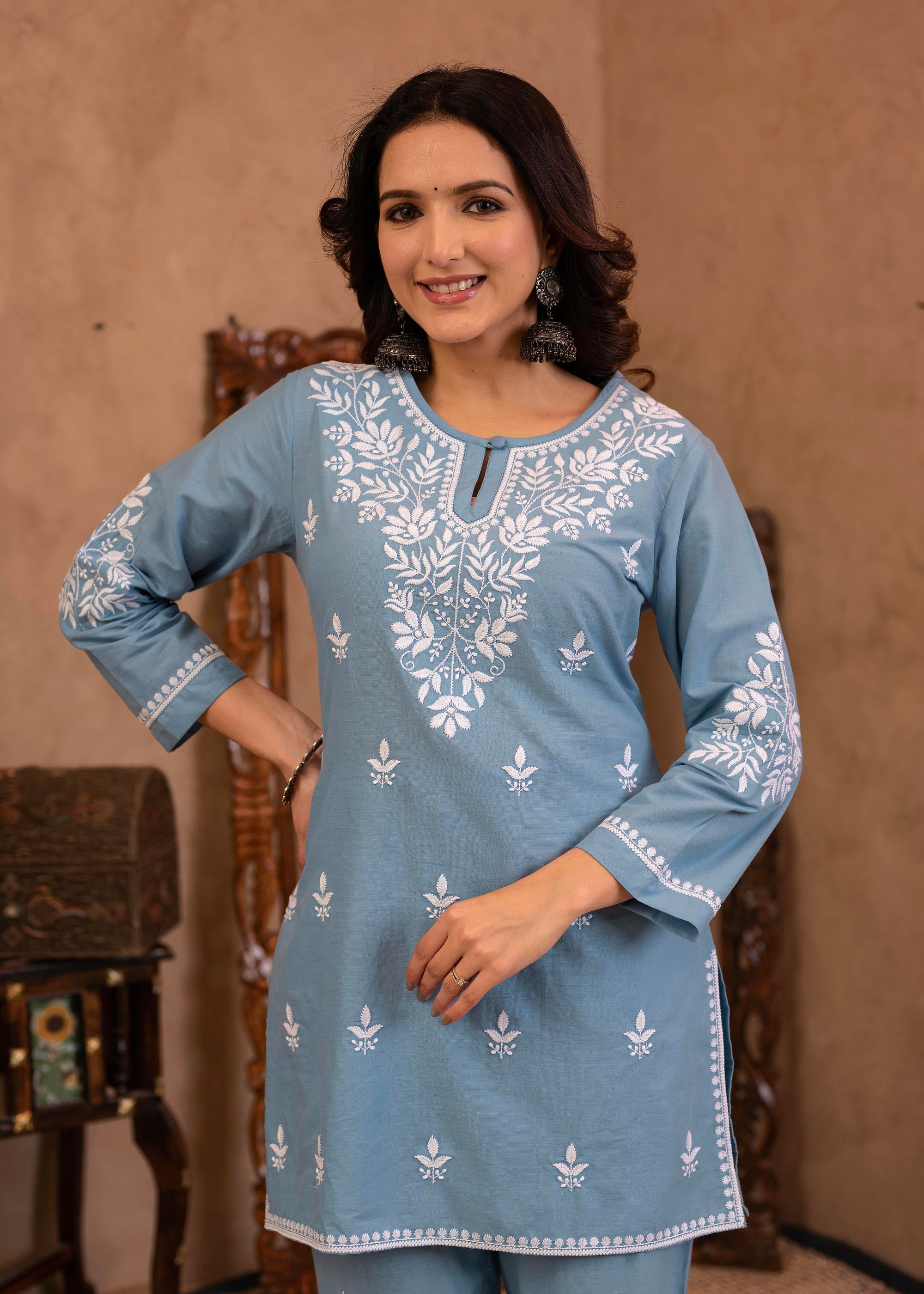 Juniper Blue Embroidered Cotton Slub Kurta with Pant & Button Details