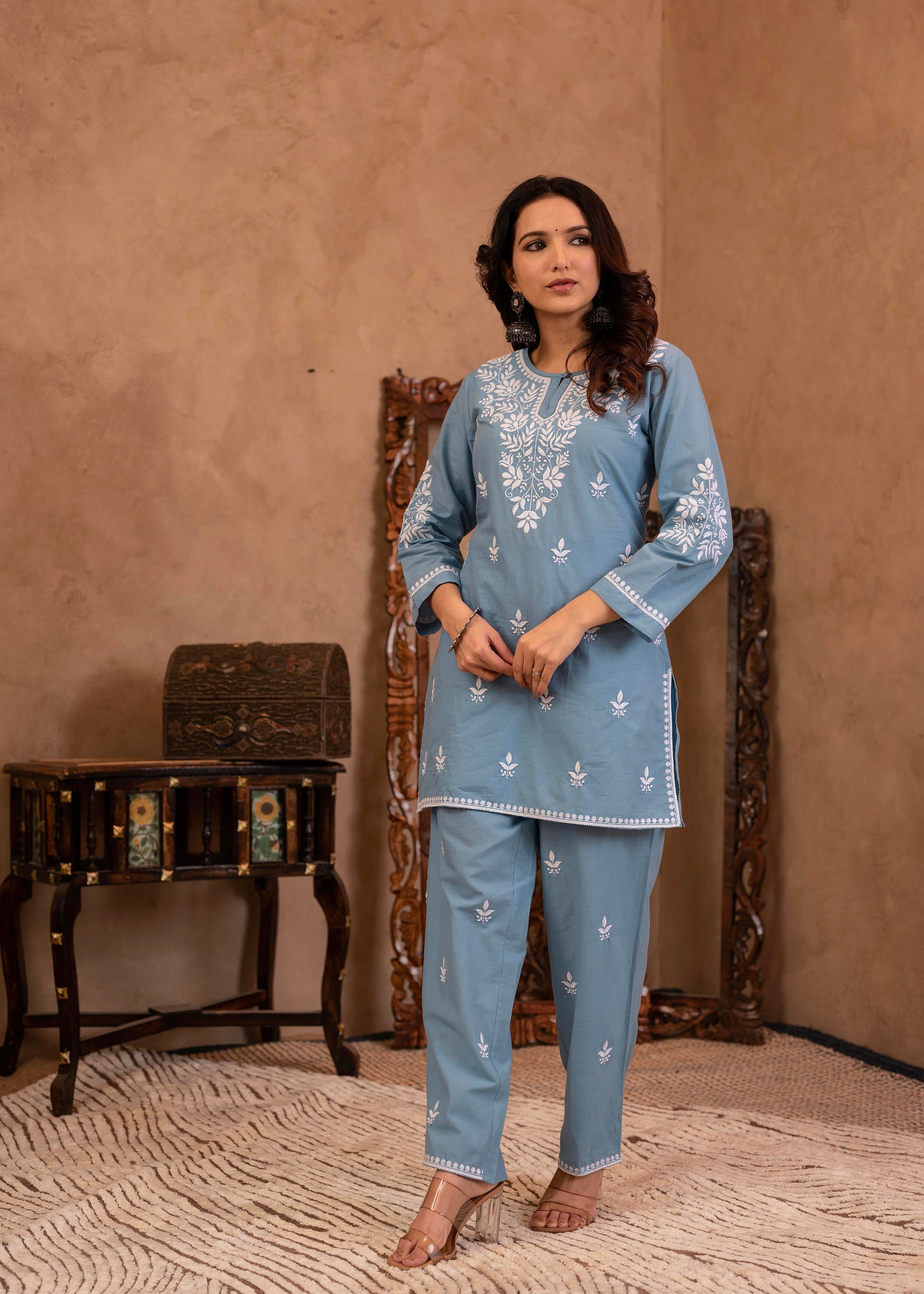 Juniper Blue Embroidered Cotton Slub Kurta with Pant & Button Details