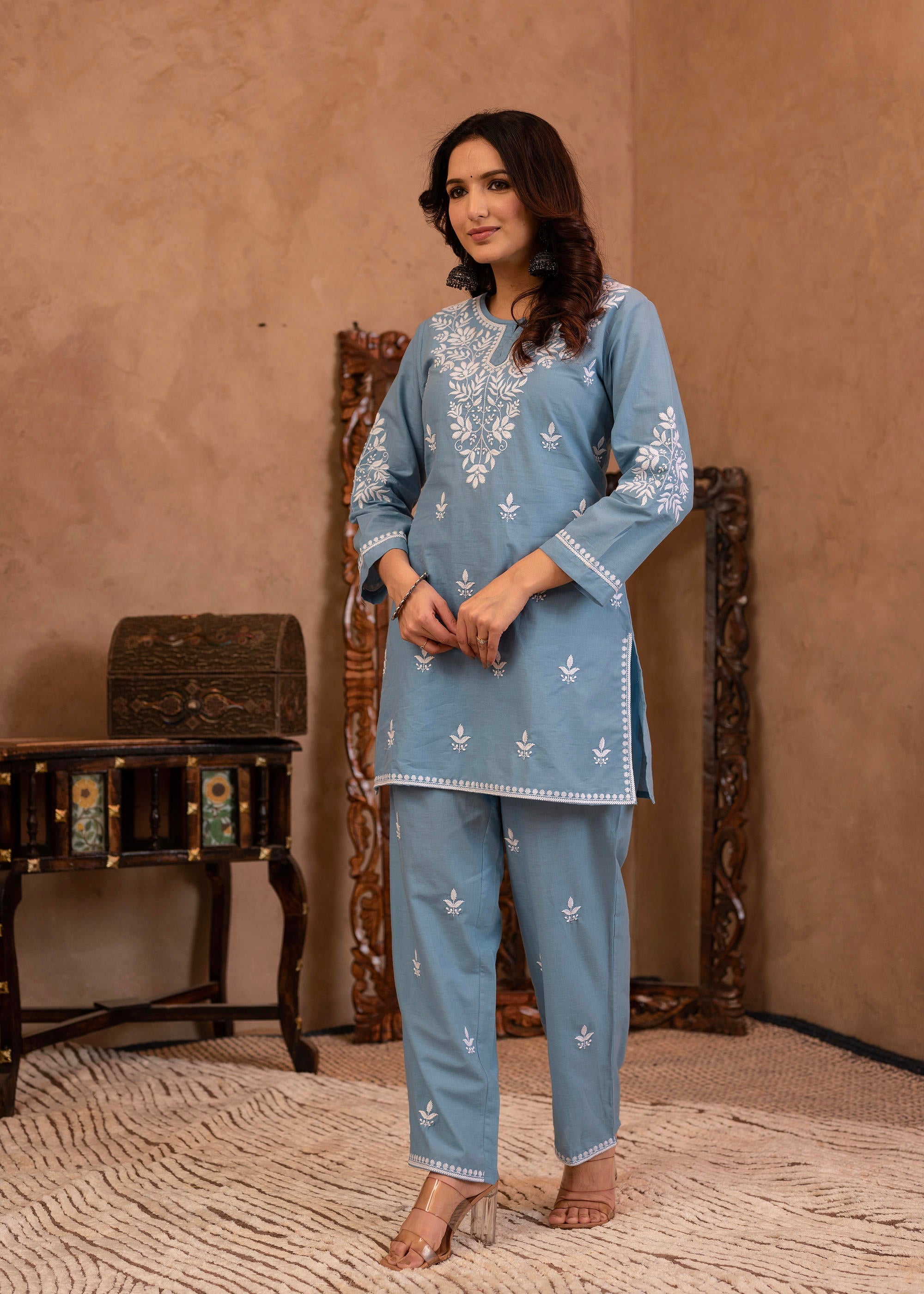Juniper Blue Embroidered Cotton Slub Kurta with Pant & Button Details