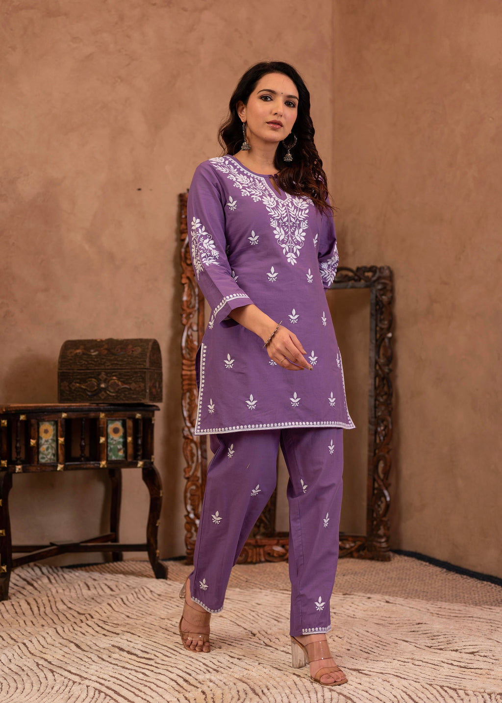 Juniper Purple Embroidered Cotton Kurta With Pant