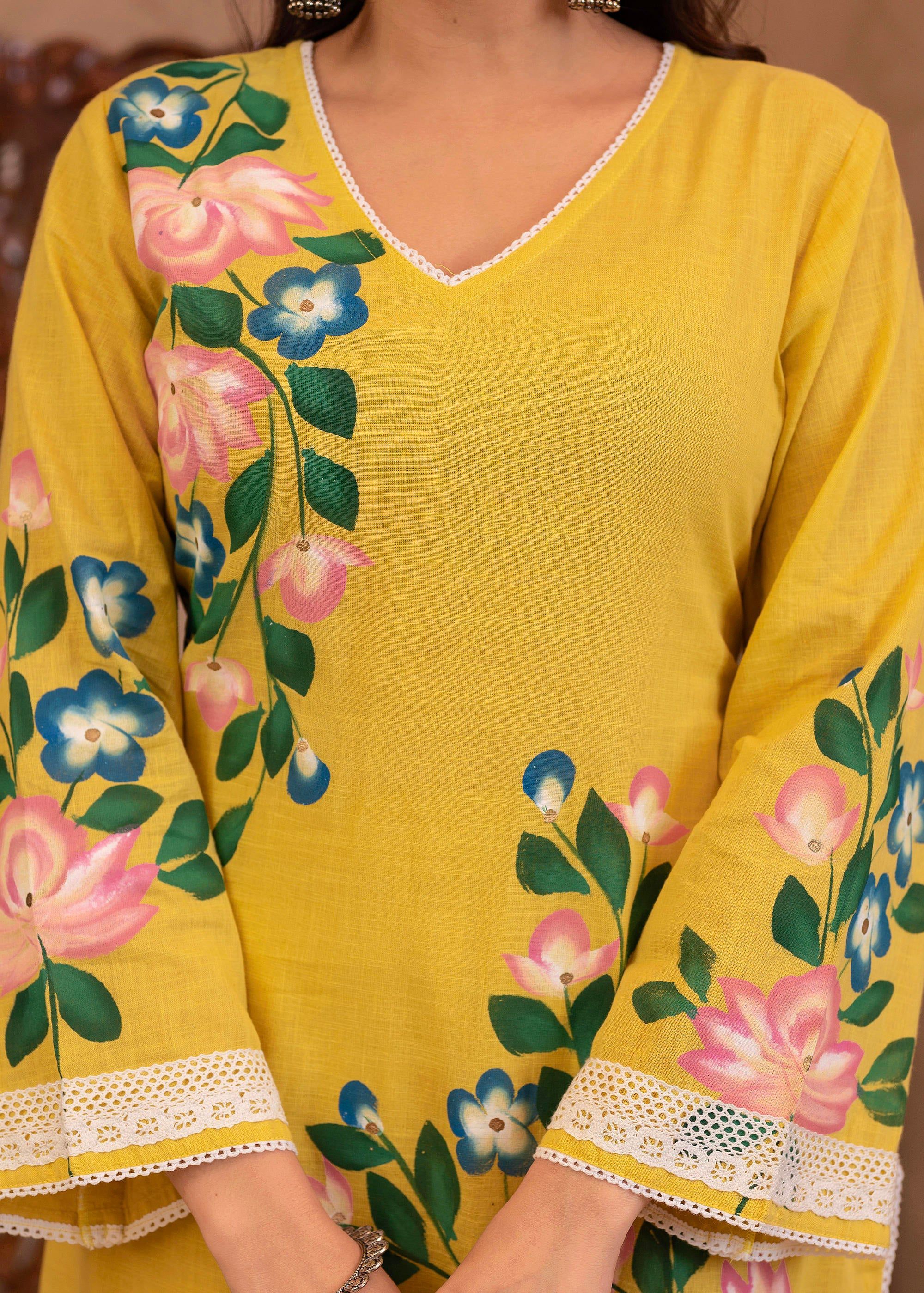 Juniper Yellow Cotton Slub Floral Printed Kurta-Pant & Dupatta Set with Lace Work