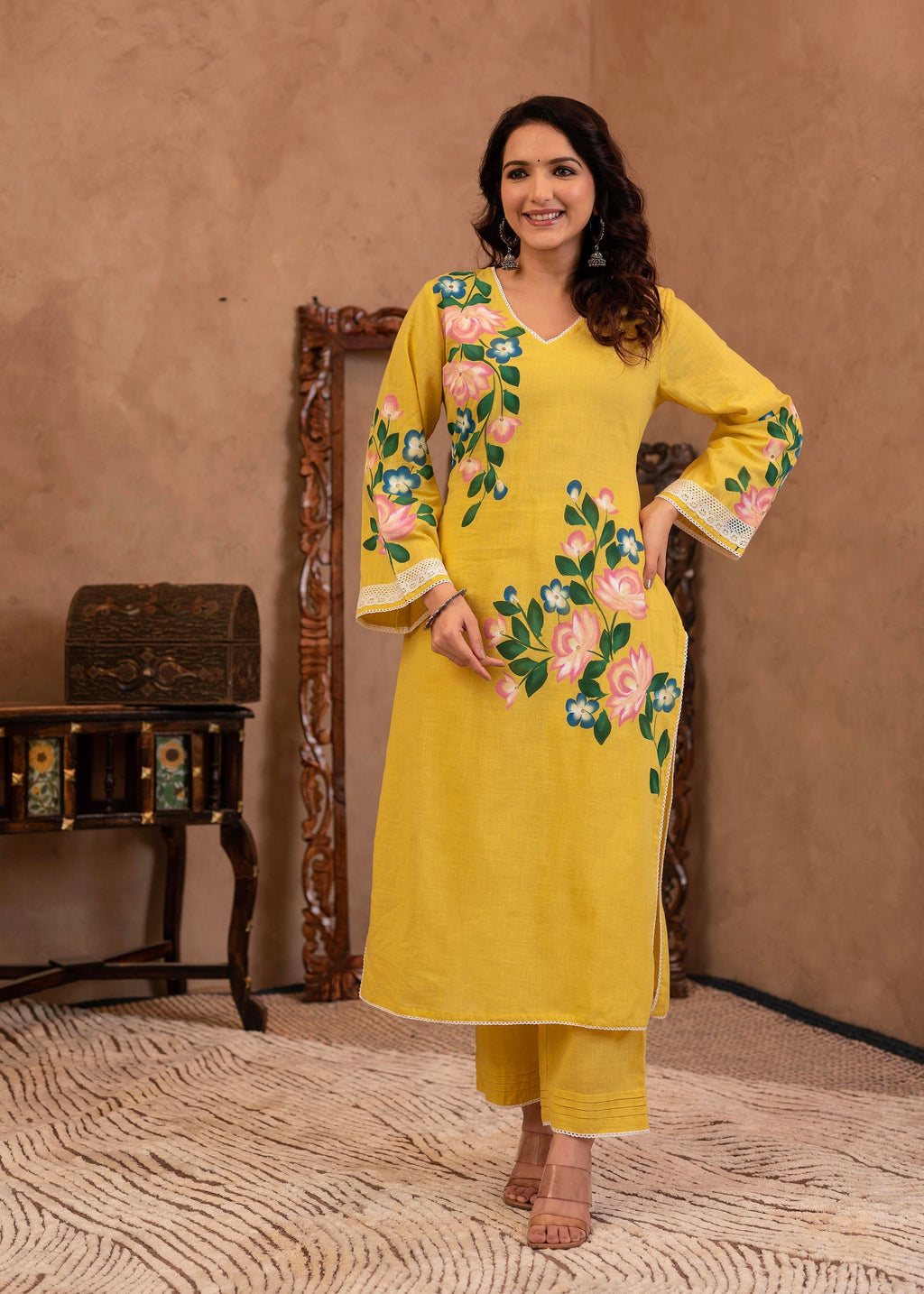 Juniper Yellow Cotton Slub Floral Printed Kurta-Pant & Dupatta Set with Lace Work