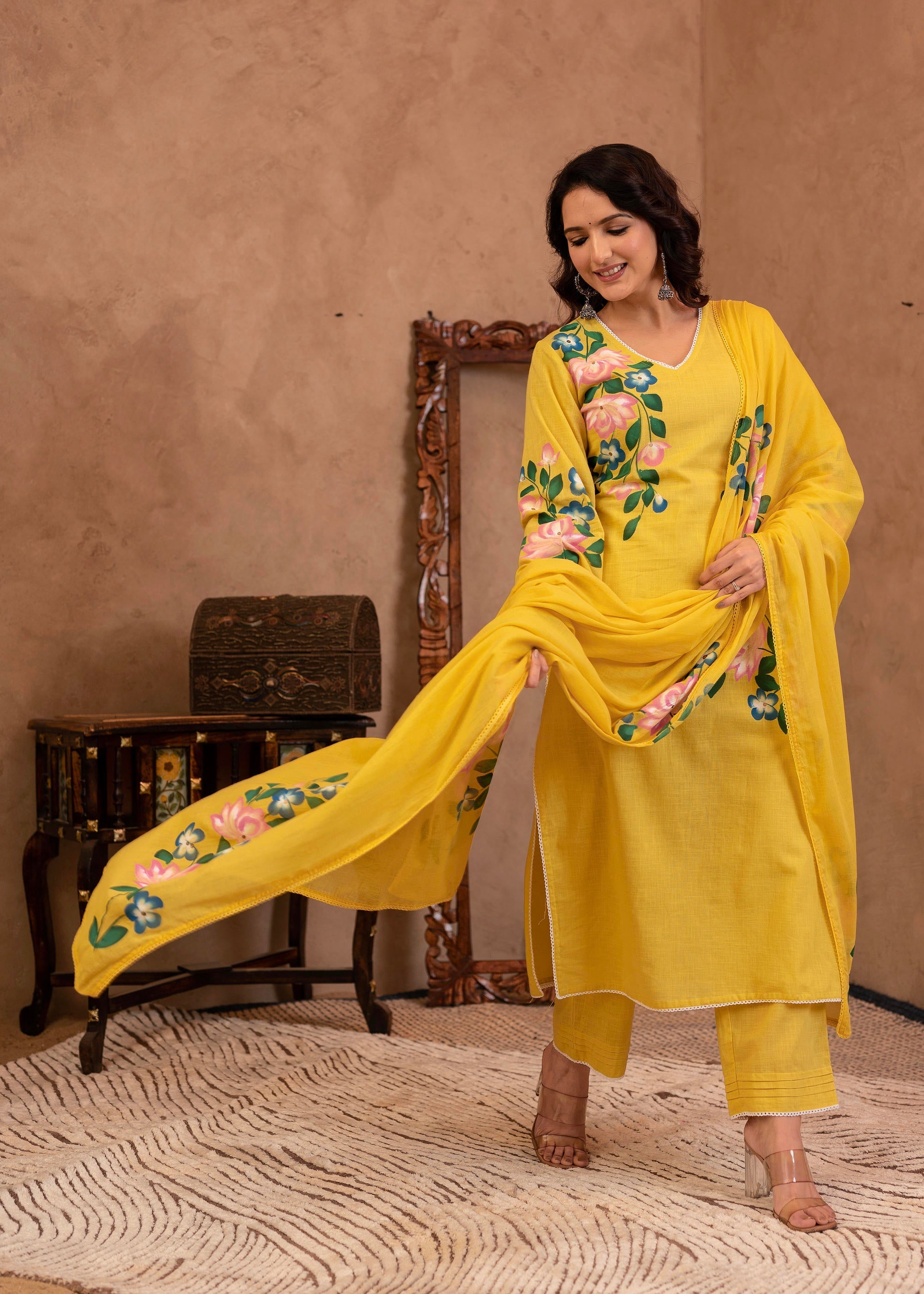 Juniper Yellow Cotton Slub Floral Printed Kurta-Pant & Dupatta Set with Lace Work