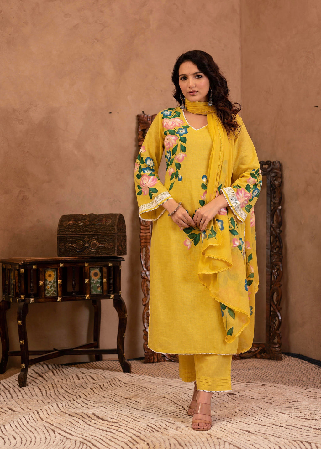Juniper Yellow Cotton Slub Floral Printed Kurta-Pant & Dupatta Set with Lace Work