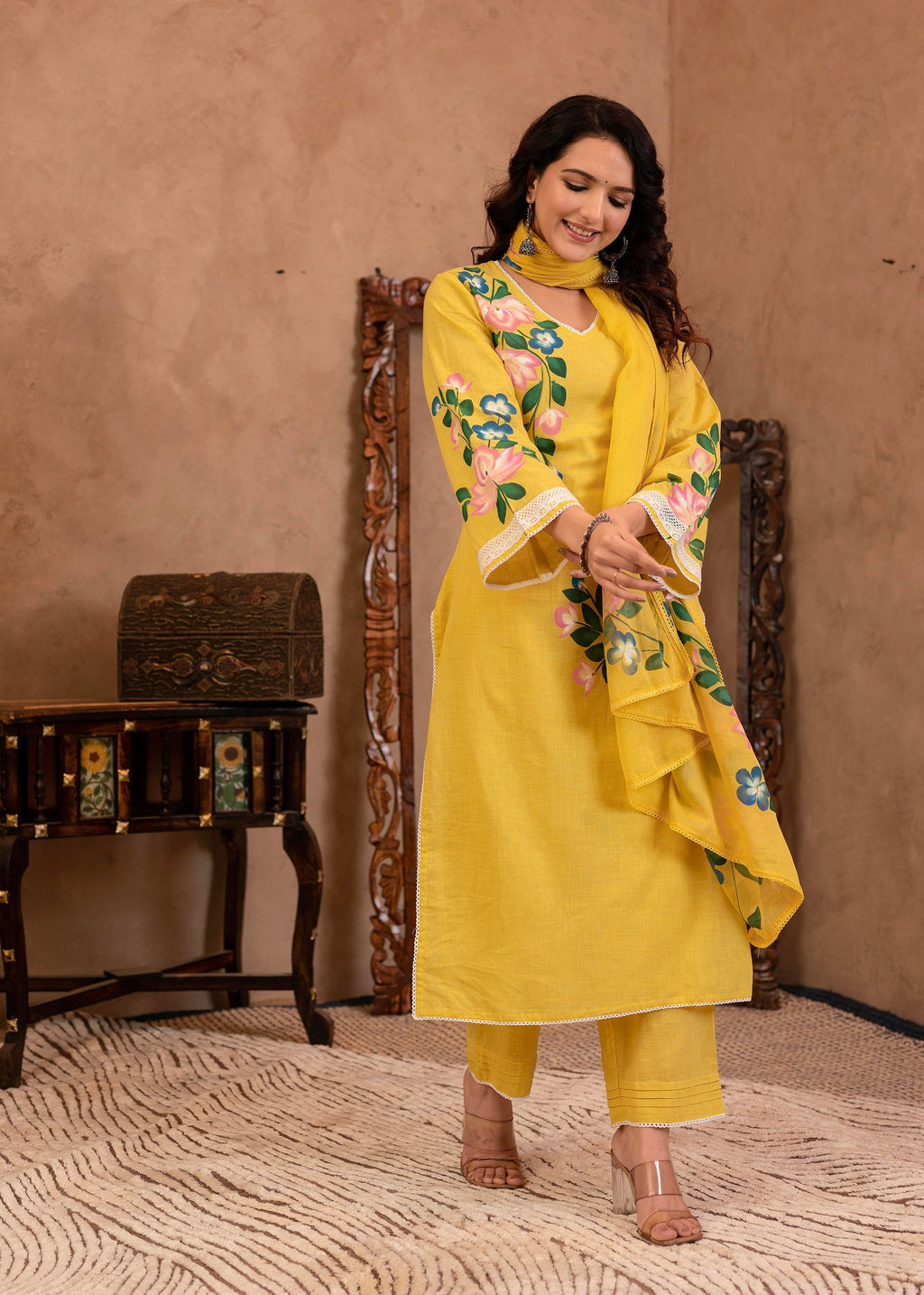Juniper Yellow Cotton Slub Floral Printed Kurta-Pant & Dupatta Set with Lace Work