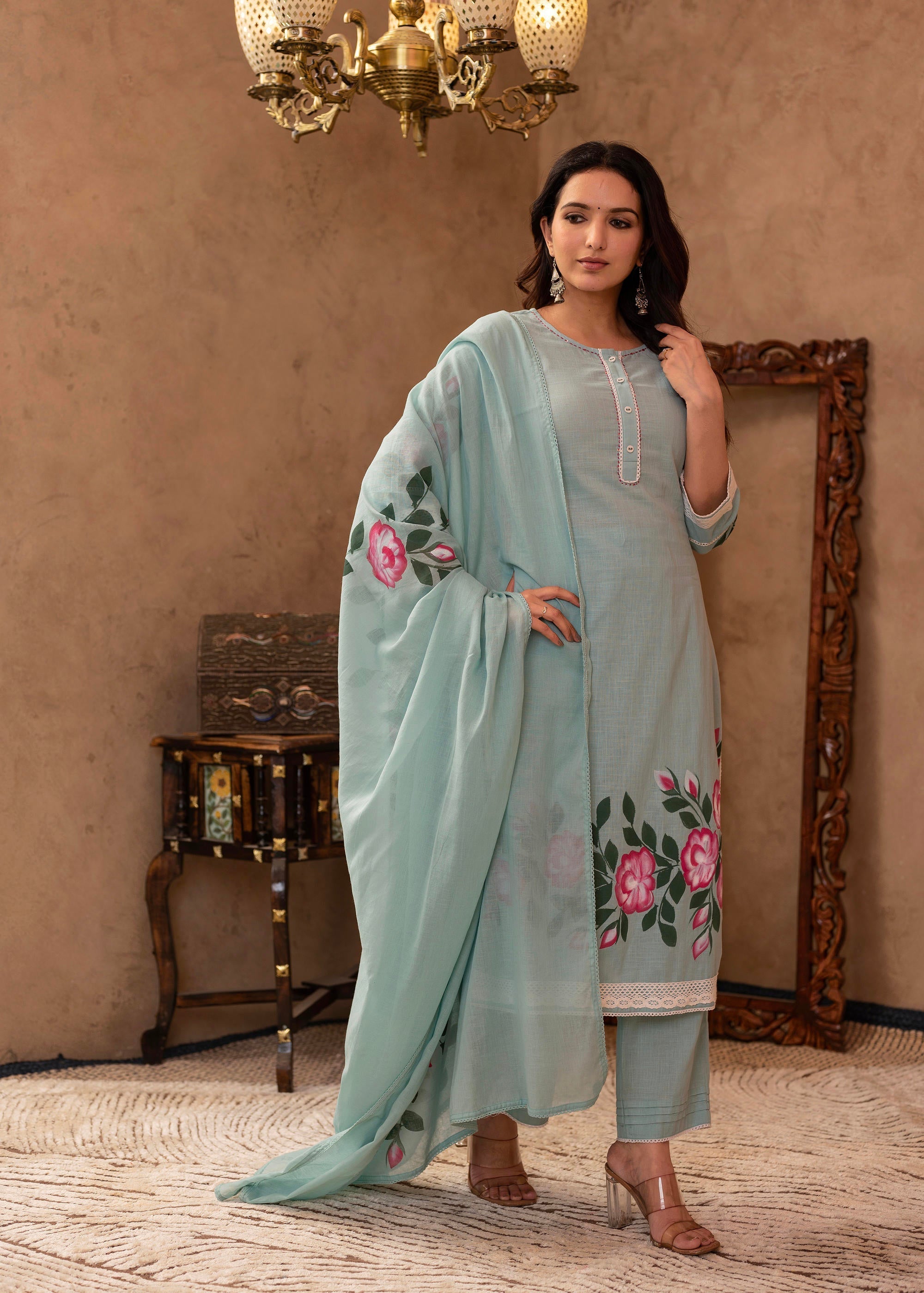 Juniper Sky Blue Cotton Slub Floral Printed Kurta-Pant & Dupatta Set with Lace, Thread Work & Button Closure