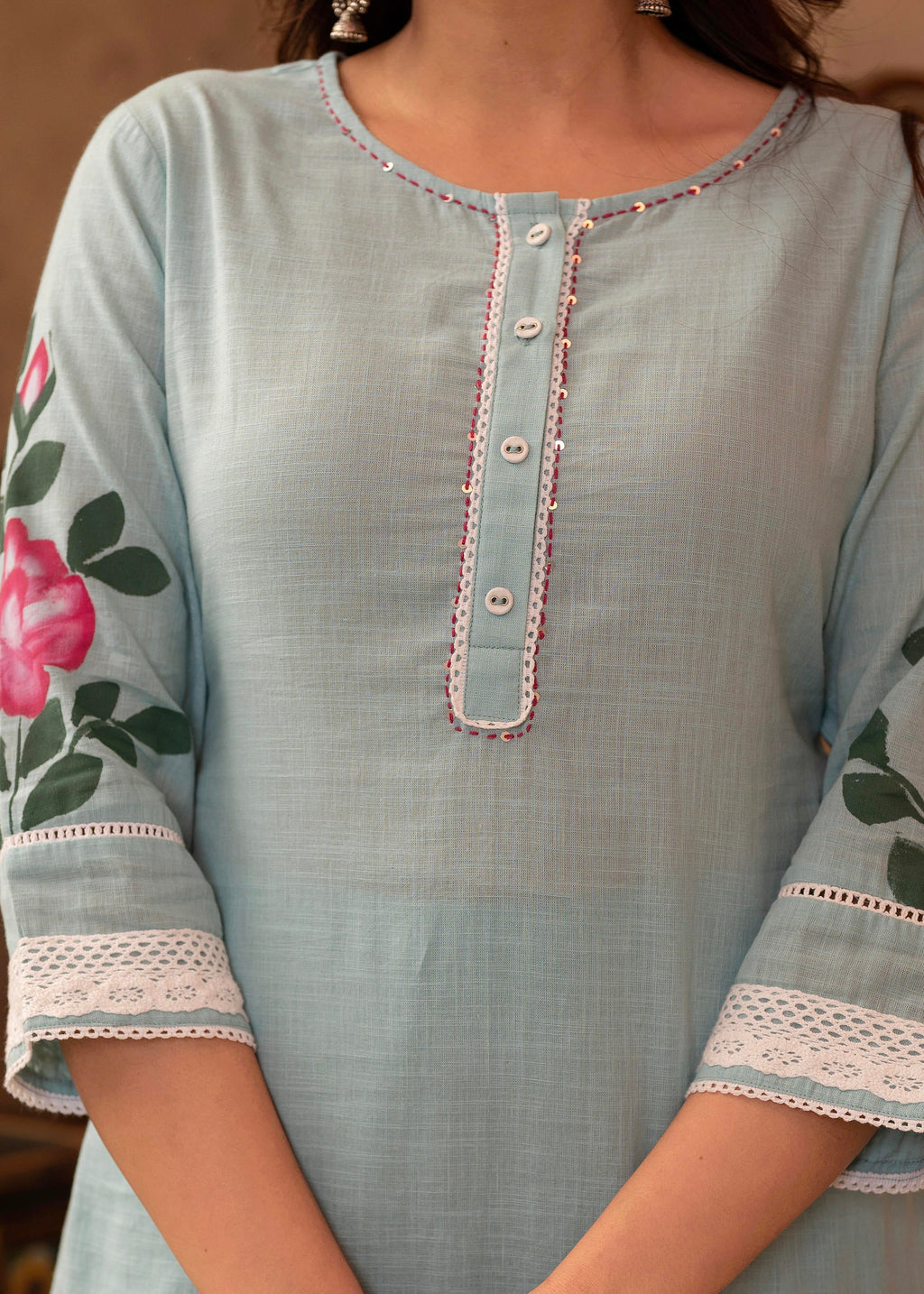 Juniper Sky Blue Cotton Slub Floral Printed Kurta-Pant & Dupatta Set with Lace, Thread Work & Button Closure