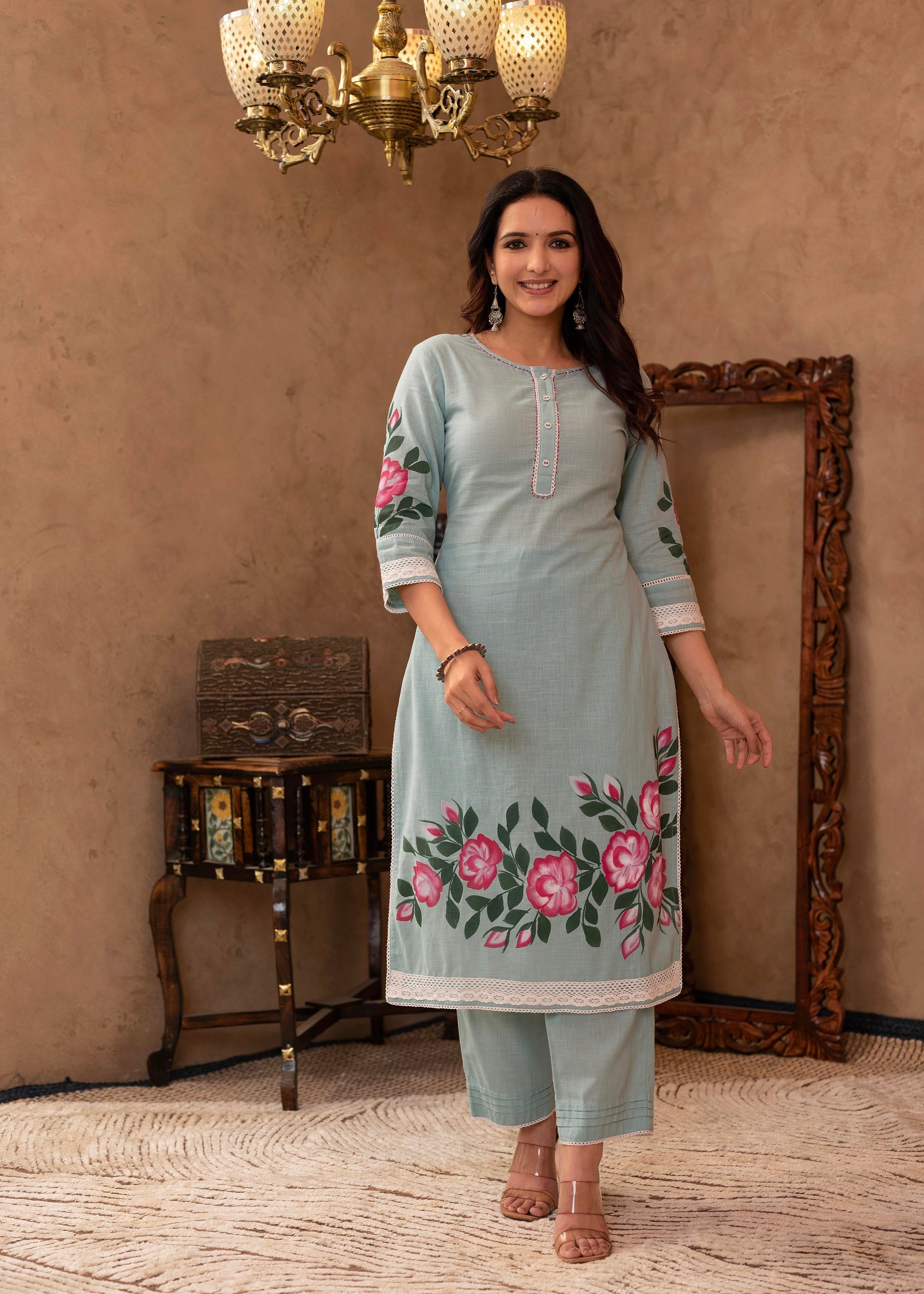 Juniper Sky Blue Cotton Slub Floral Printed Kurta-Pant & Dupatta Set with Lace, Thread Work & Button Closure