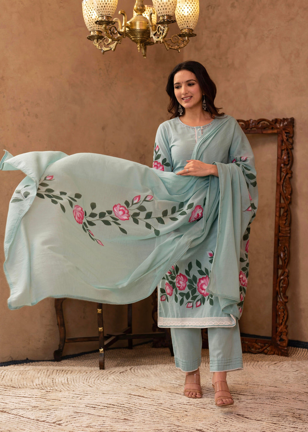 Juniper Sky Blue Cotton Slub Floral Printed Kurta-Pant & Dupatta Set with Lace, Thread Work & Button Closure