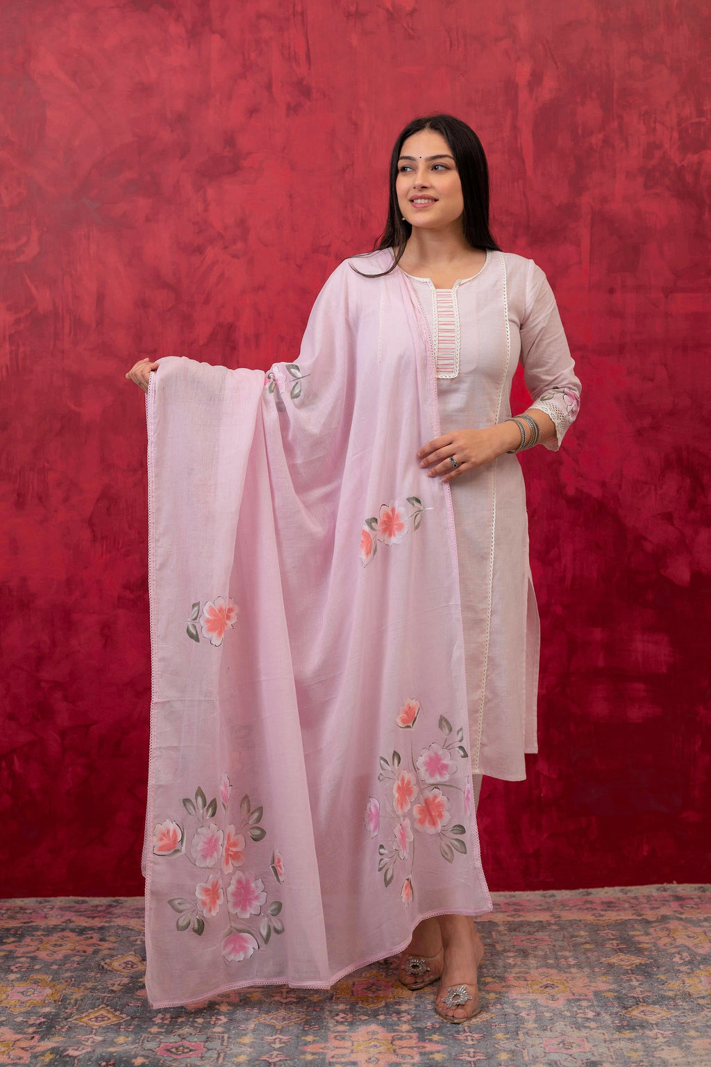 Juniper Lavender Cotton Slub Kurta-Pant Set with Lace Work & Floral Print Dupatta