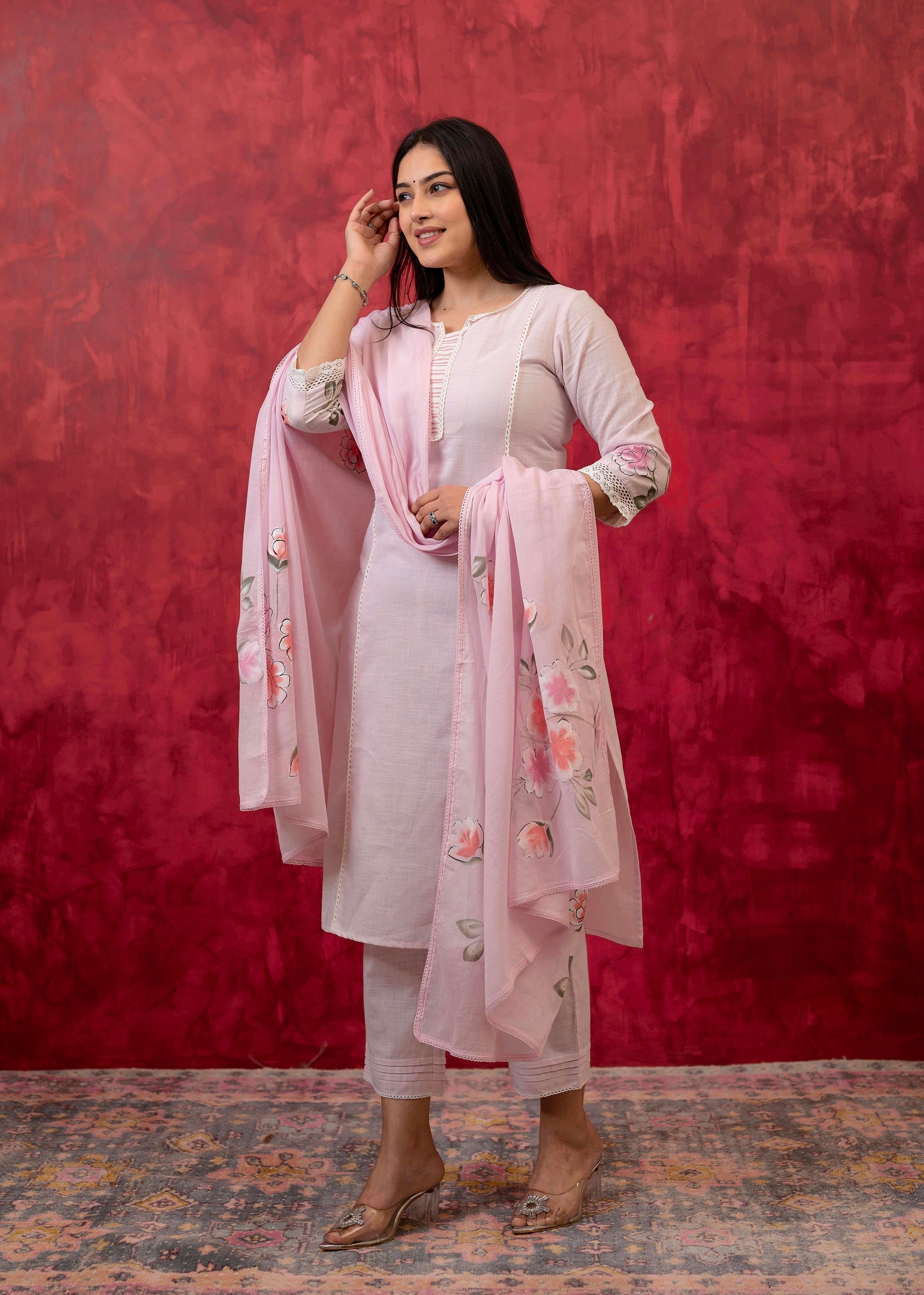 Juniper Lavender Cotton Slub Kurta-Pant Set with Lace Work & Floral Print Dupatta