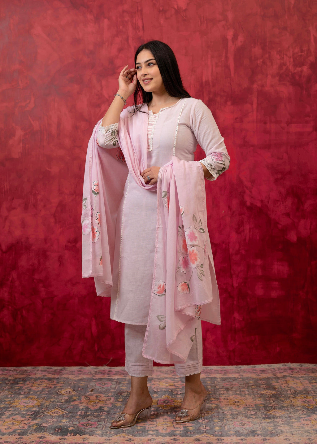 Juniper Lavender Cotton Slub Kurta-Pant Set With Lace Work & Floral Print Dupatta