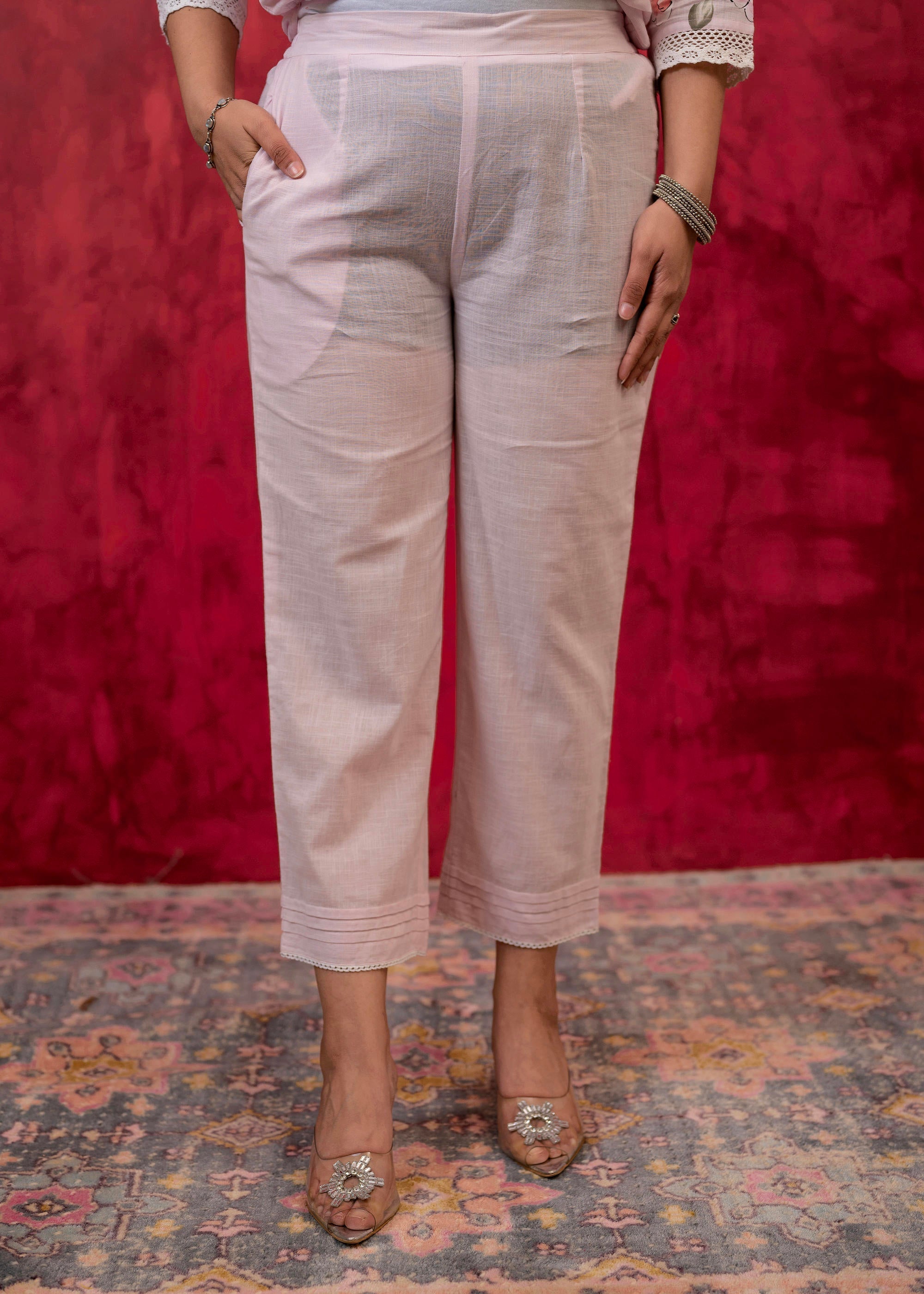 Juniper Lavender Cotton Slub Kurta-Pant Set with Lace Work & Floral Print Dupatta