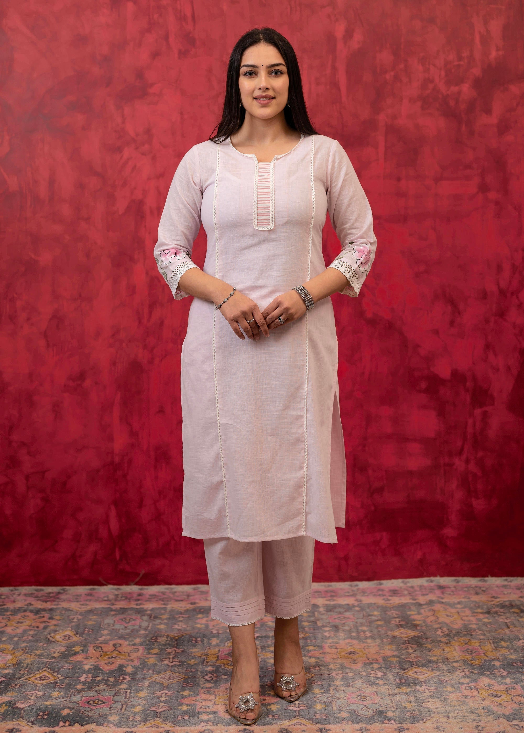 Juniper Lavender Cotton Slub Kurta-Pant Set with Lace Work & Floral Print Dupatta
