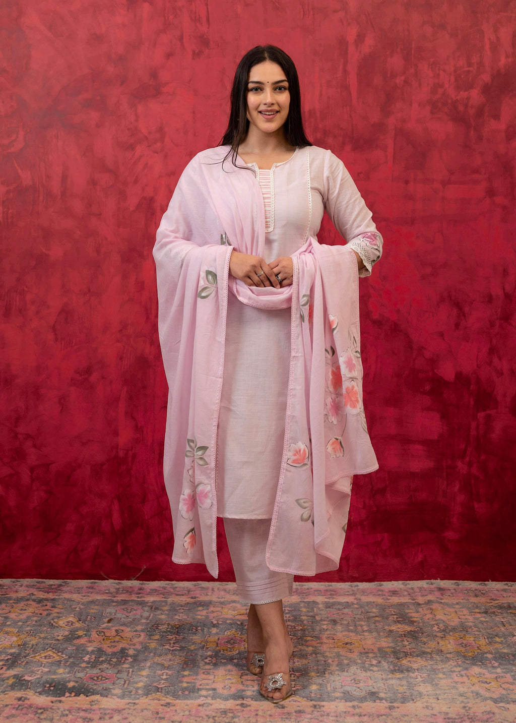 Juniper Lavender Cotton Slub Kurta-Pant Set with Lace Work & Floral Print Dupatta
