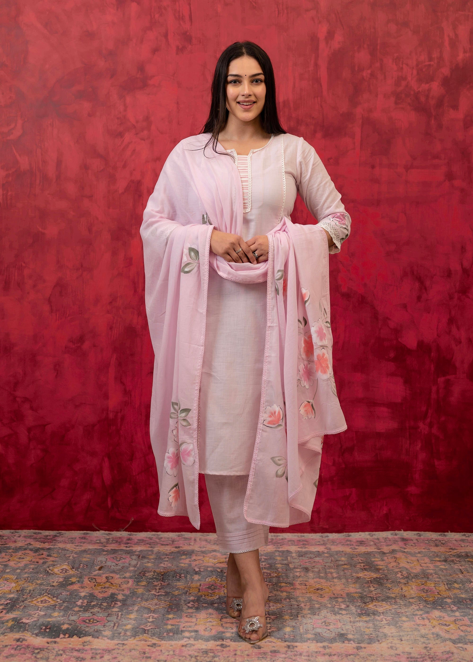 Juniper Lavender Cotton Slub Kurta-Pant Set with Lace Work & Floral Print Dupatta