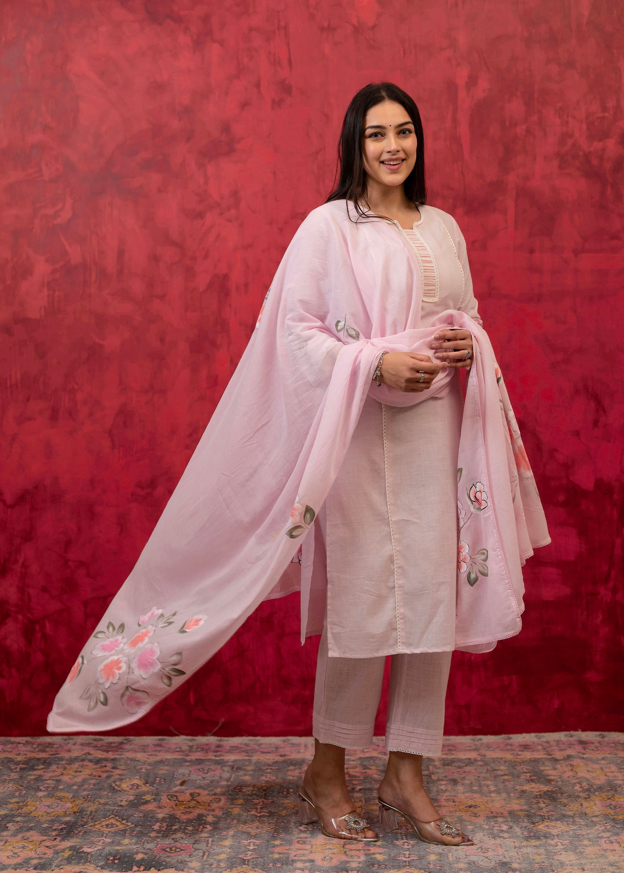 Juniper Lavender Cotton Slub Kurta-Pant Set with Lace Work & Floral Print Dupatta